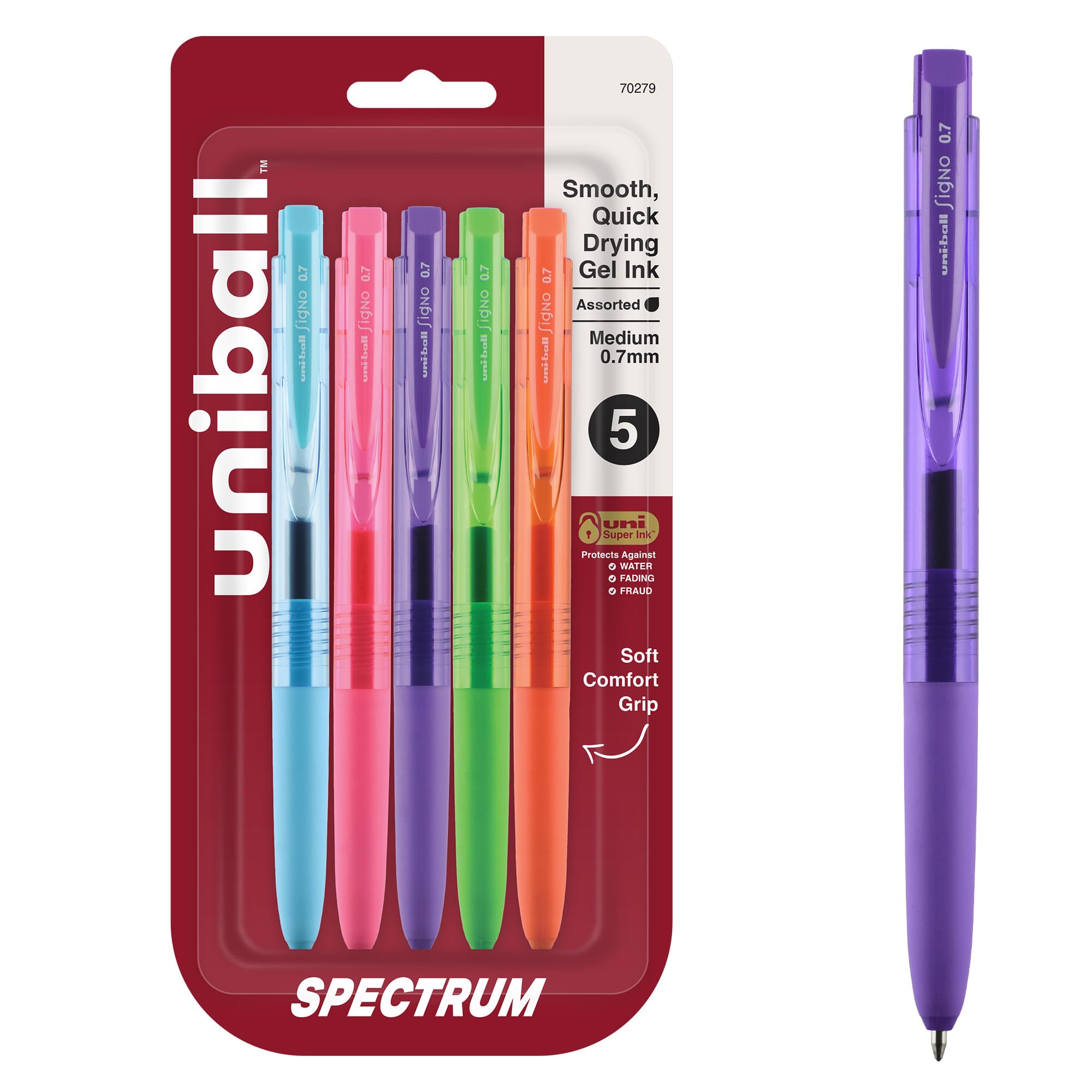 uniball Spectrum Retractable Gel Pens, Medium Point (0.7mm), Assorted Ink, 5 Pack