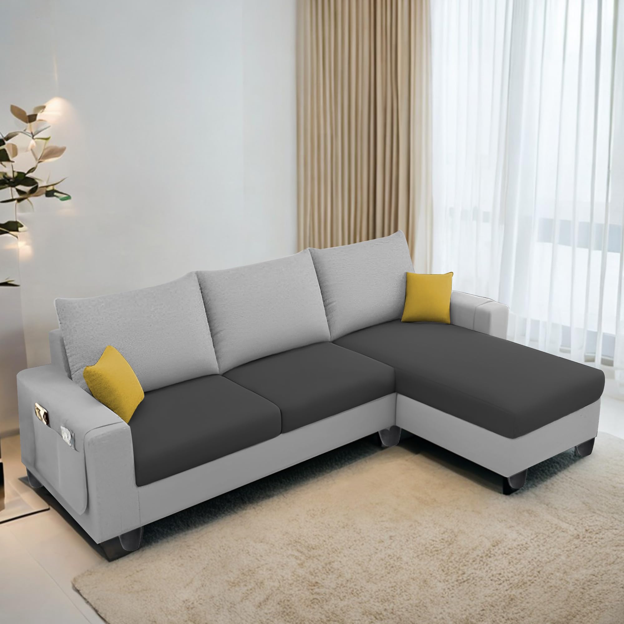 Casaliving Porto RHS 4 Seater L Shape Sofa Set for Living Room (Black Grey Fabric) Premium Velvet Fabric