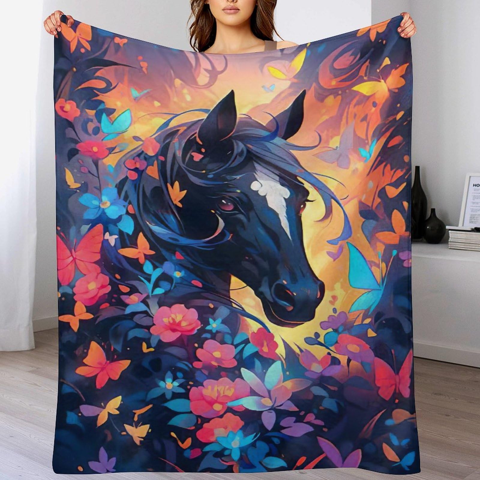 Couverture plaid cheval en flanelle polaire de 100x130cm chaude pour canapé