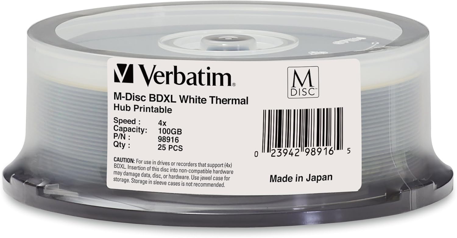 Verbatim M DISC BDXL 100GB 4X White Thermal Hub Printable 25pk Verbatim M DISC BDXL 100GB 4X White Thermal Hub Printable 25pk