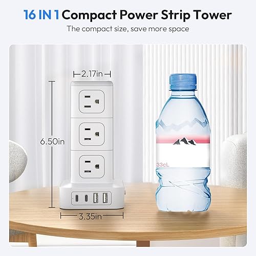 Miniatura 8 de NTONPOWER Torre de regleta de alimentación con protector de sobretensiones, torre de protección de sobretensiones 1080J, 12 salidas de CA, 4 puertos