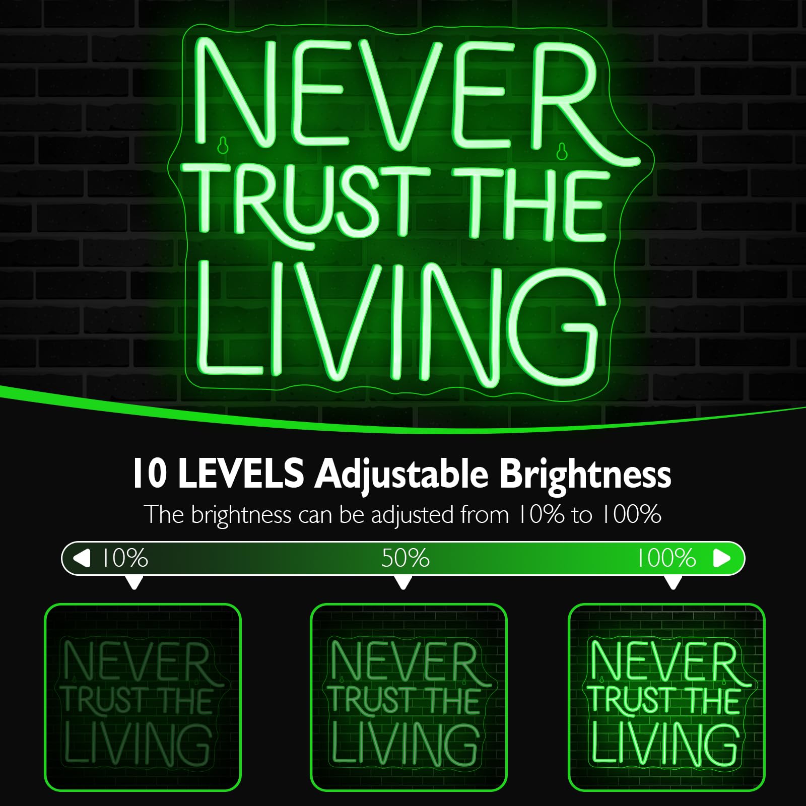 Cartello al neon a LED con scritta "Never Trust the Living", 41,5 x 32 cm, decorazione da parete in stile gotico verde, per Halloween, camera da letto, bar, tema horror, decorazione estetica spettrale