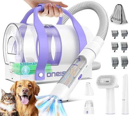 oneisall Cordless Low Noise Dog Grooming Vacuum,5200 mAh Dog Grooming Kit with Clippers,Nail Grinder,Trimmer,2L Dustbin for Shedding with Grooming Tools-Quiet Suitable for All Breeds,Comfy C1