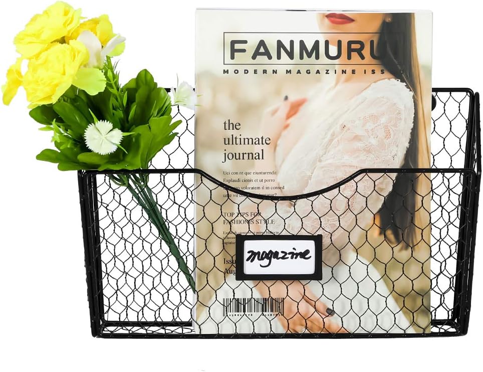 PAG 3 Pockets Hanging File Holder Wall Mount Mail Organizer Metal Chicken Wire Magazine Rack with Tag Slot, Black