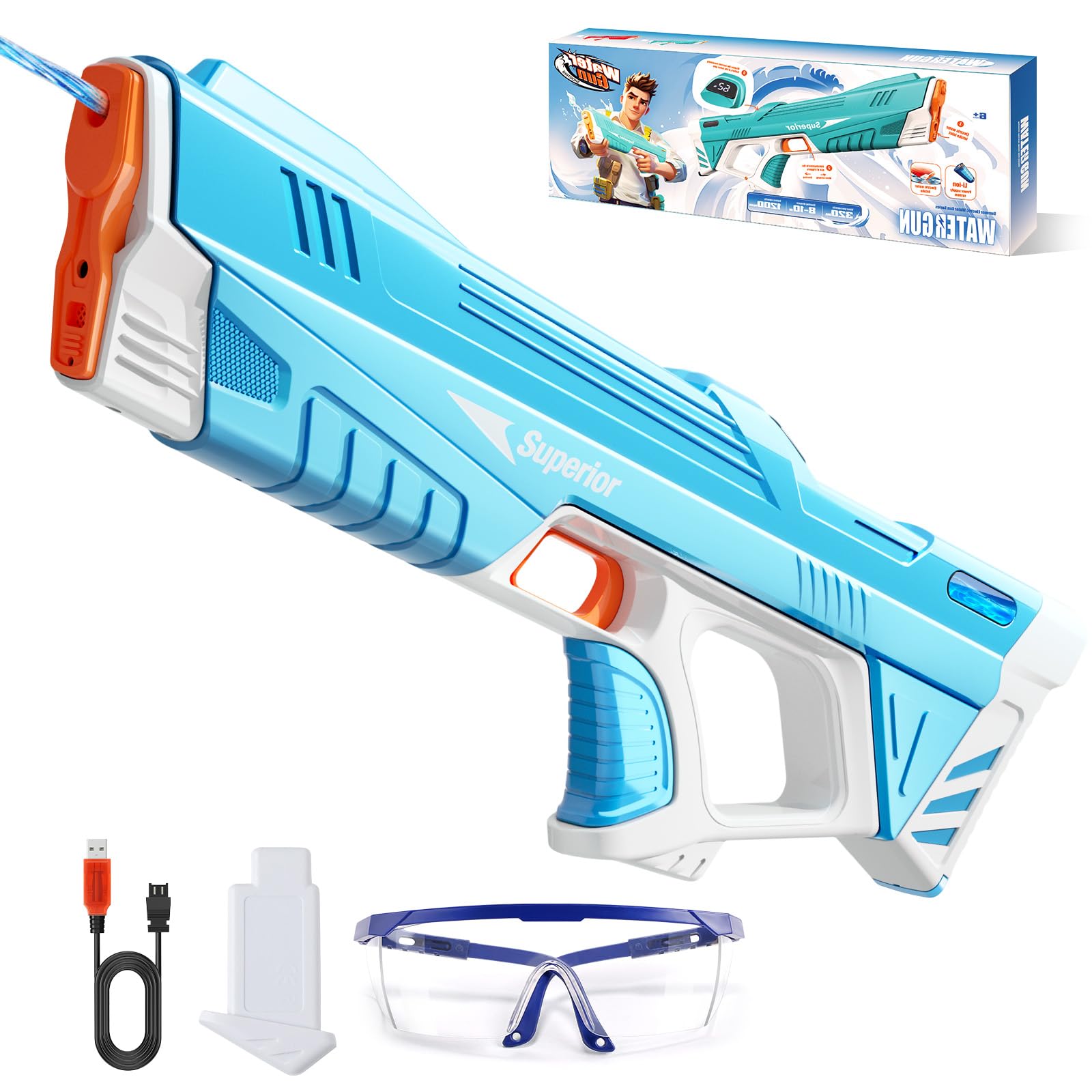 Skirfy Electric Water Gun with Display,Auto Suction Water Guns for Adults&Kids,Squirt Guns Battery Powered Automatic Water Blasts,Pool Beach Outdoor Party Toys for Kids Blue