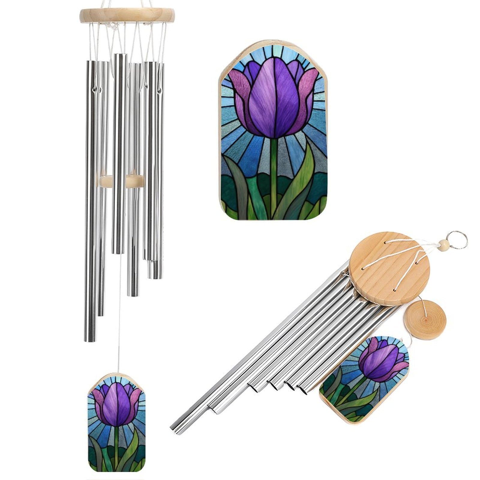 Stained Glass Window A Single Purple Tulip Wind Chimes Memorial Deep Tone Windchime with 6 Aluminum Tubes Outdoor Backyard Garden Decoration
