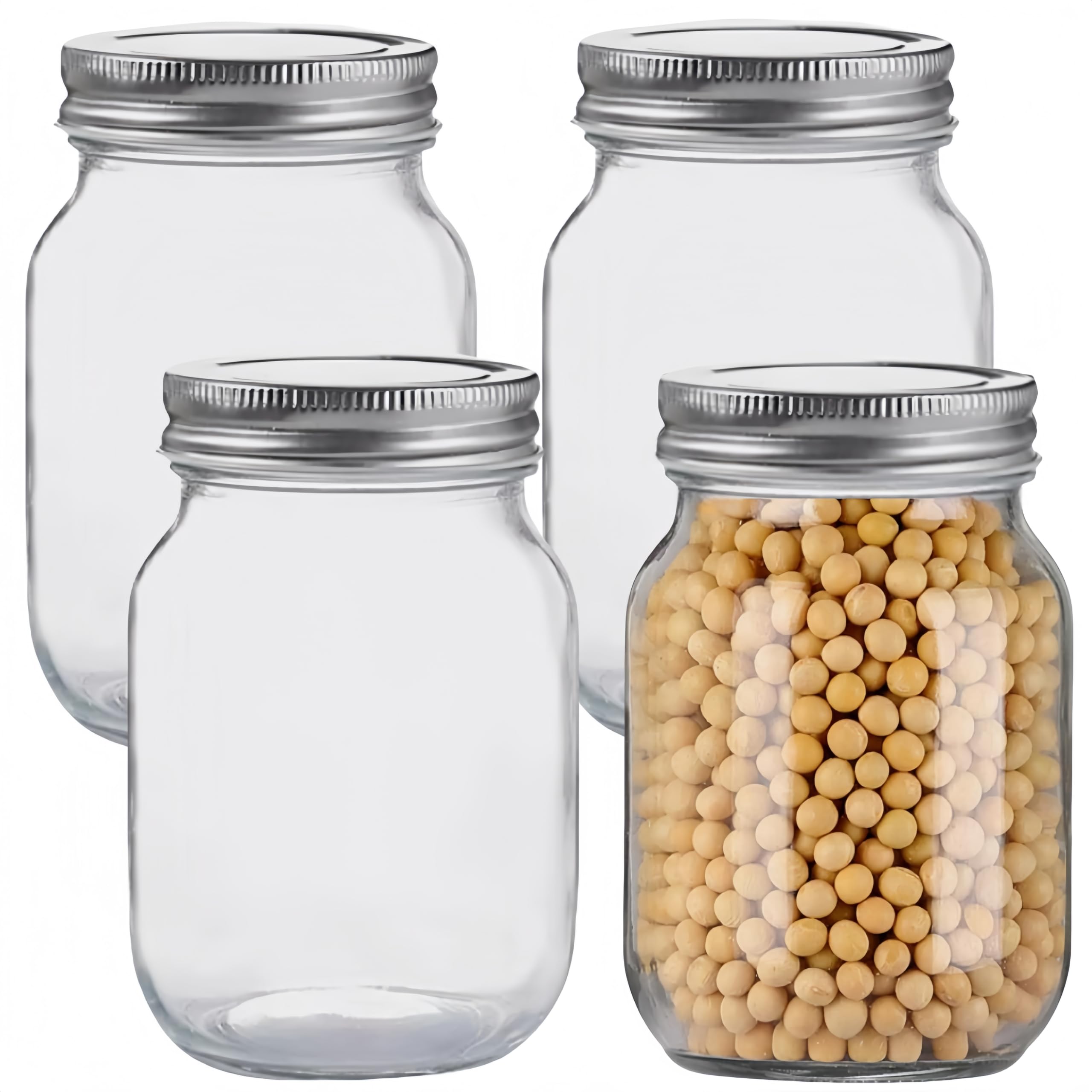 MEETOZ 4 Pack Glass Mason Jars,500ml Clear Glass Jars,with Silver Metal Lids,Overnight Oats, Candies, Honeys, Snacks, Food Storage, Canned Foods, DIY Projects