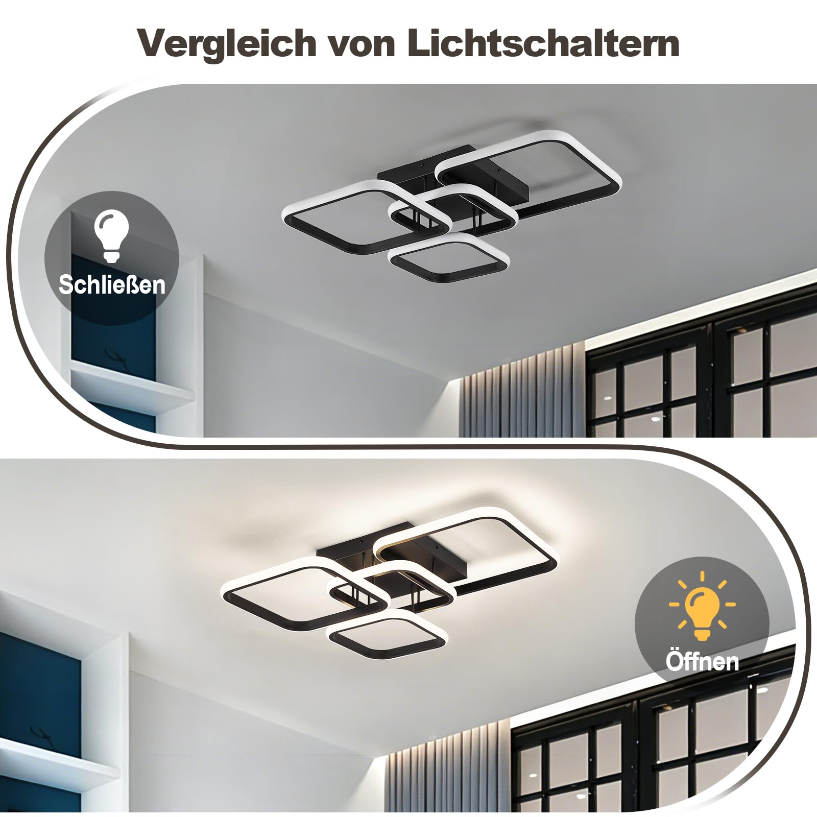 Moderne LED Deckenleuchte, 60W 57CM Wohnzimmerlampe Schwarze Deckenlampe | 4000k LED Lampe für Wohnzimmer Schlafzimmer Esszimmer Flur Küche