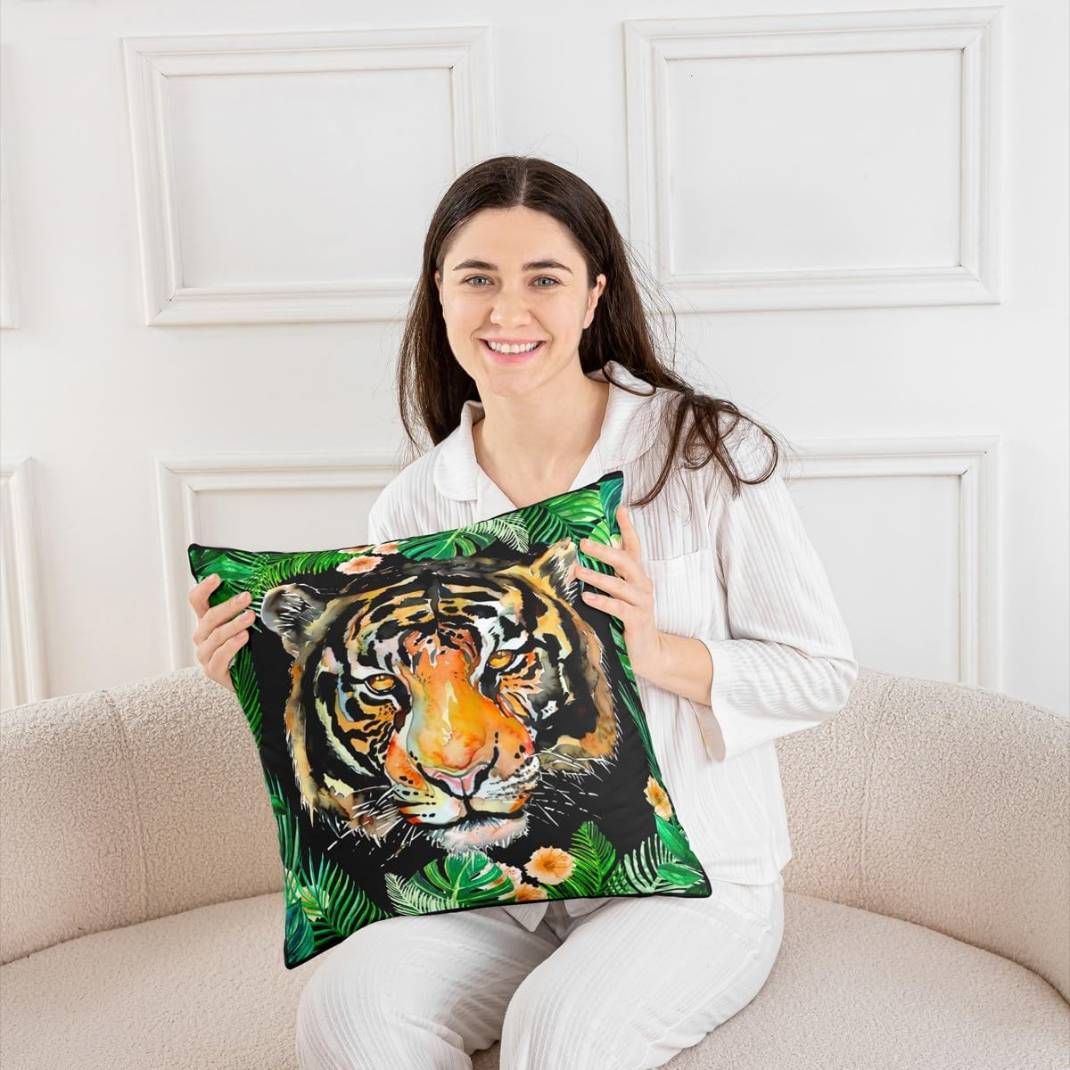 Manfei Abstract Animals Fur Rustic Pillow Case Cover Single Pack,Palm Leaves Tropical Plants Pillow Cover 24"x 24" Soft Square,Tiger Decorative Throw Couch Sofa Pillow Cover