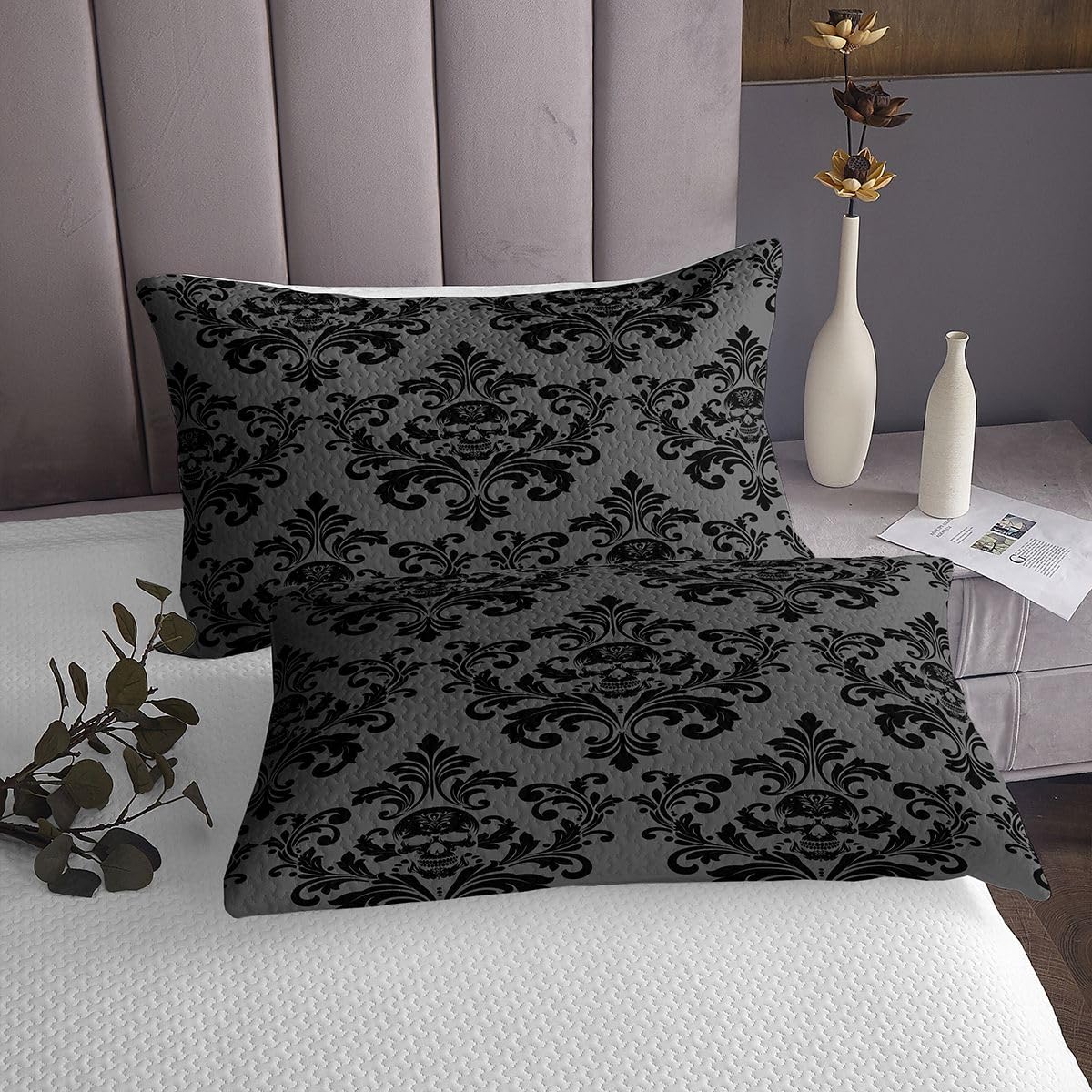 Gotycka czaszka, narzuta na poduszkę, egzotyczna antyczna, wiktoriańska, barokowa, dla dzieci, nastolatków, w stylu boho, czarny adamaszek, kwiatowa, zestaw pościeli, rozmiar S