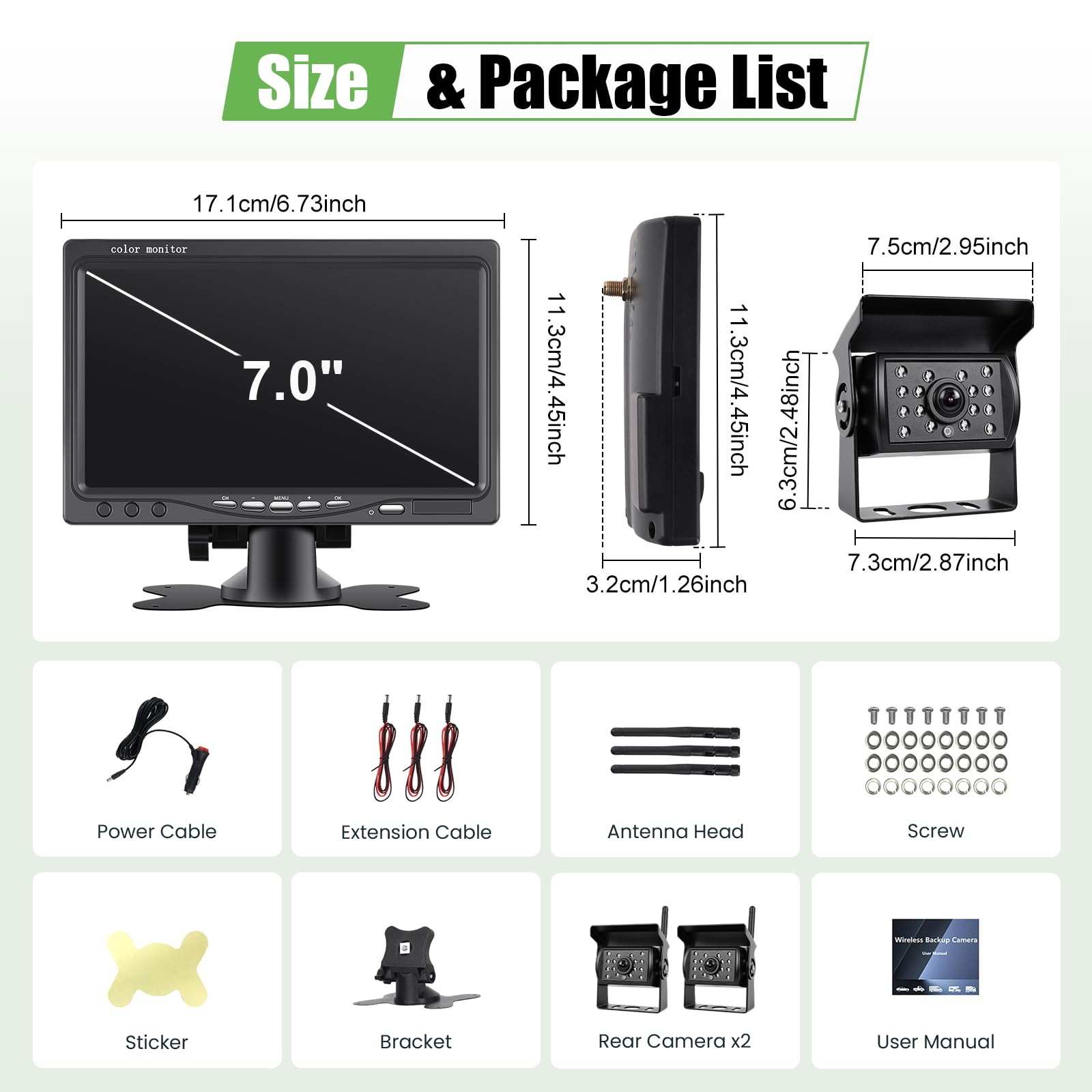 Set di telecamere di retromarcia wireless 1080P HD, monitor LCD da 7" con 2 telecamere per rimorchi, camper, camion, auto, autobus, linee guida DIY, impermeabile IP68, visione notturna, BSD, 12V-36V