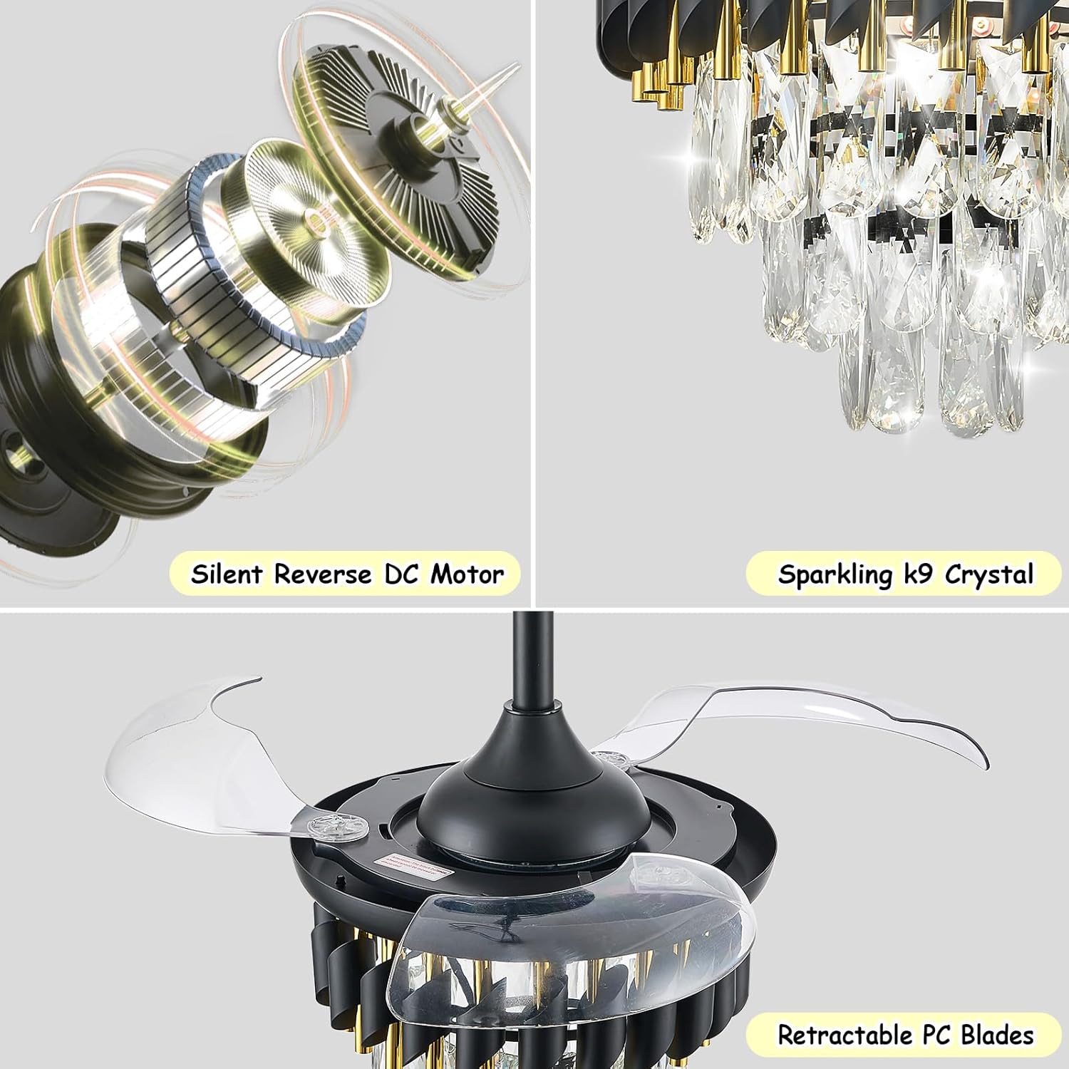 30" RGB Retractable Crystal Ceiling Fan with Lights Remote APP Control,6-Speed Reversible Blades, Invisible Fandelier for Bedroom Black