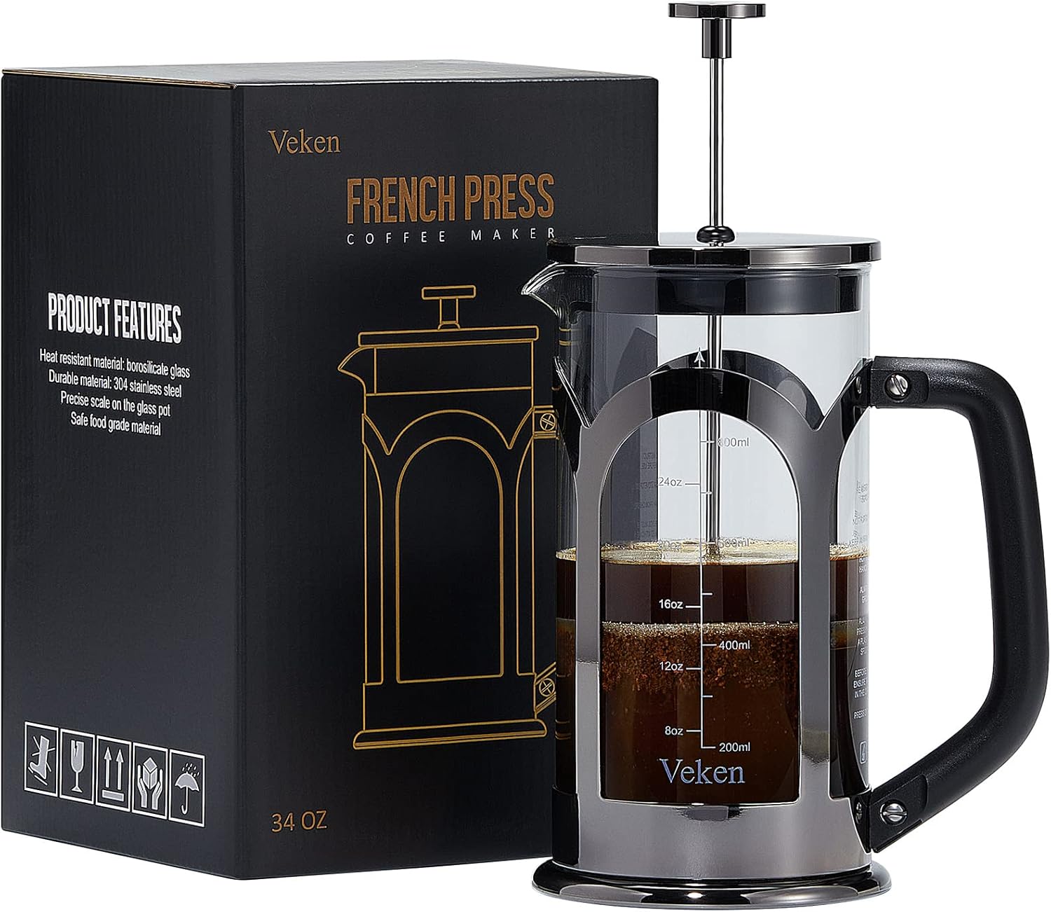 Veken French Press Coffee & Tea Maker, 304 Stainless Steel Heat