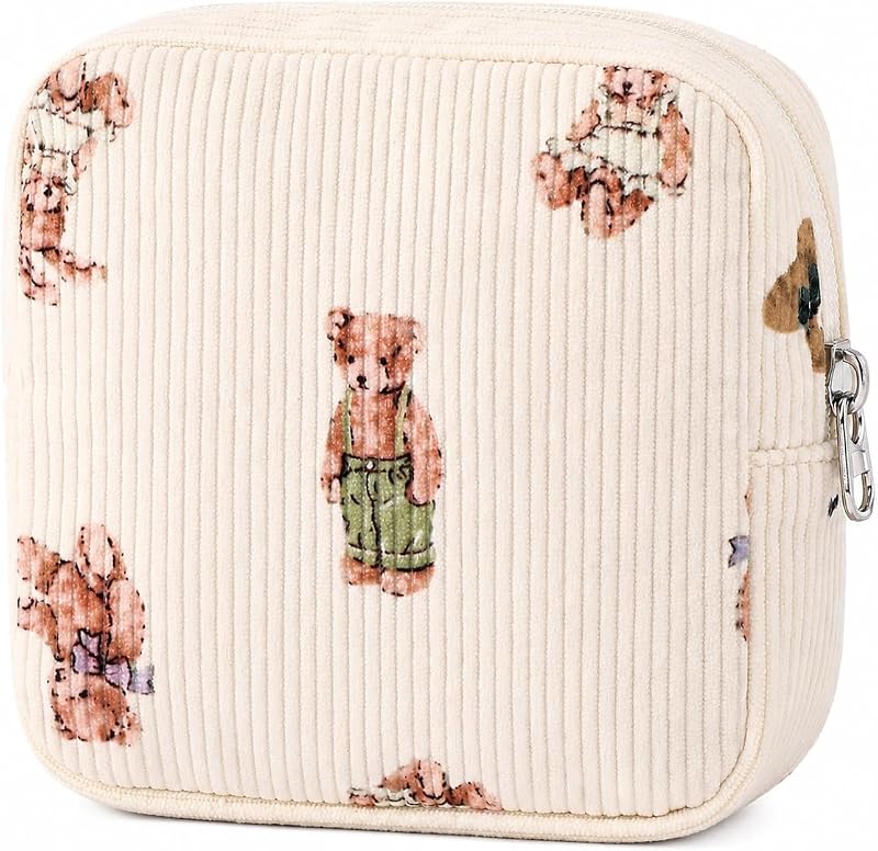 Necessaire de Veludo Cotelê com Urso Bear Overalls, Creme, Ritpviq