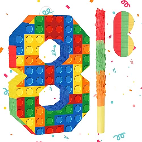 Miniatura 30 de Decoraciones de fiesta de cumpleaños de bloques de construcción para el tercer cumpleaños Número 3 Piñata con palo de piñata y venda para los ojos
