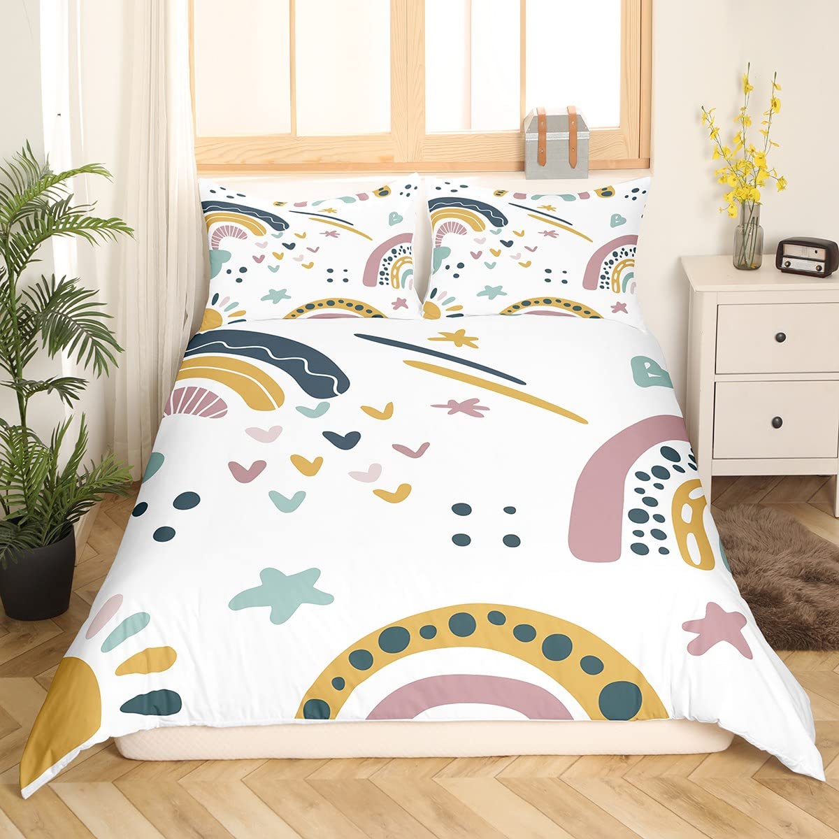 Girls Rainbow Comforter Cover Queen, Kawaii Decor Duvet Cover For Kids Boys Children Teens Bedroom Decor, Iridescent Sun Duvet Cover Hand Drawn Rainbow Bedspread Cover With Zipper Closure, Colorful