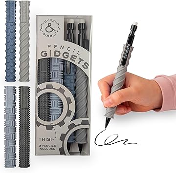 Gyre & Gimble Pencil Gadget - Textured Silicone Pencil Sleeve for Quiet Fidget - Turn Mechanical Pencils into Whimsical Focus and Tranquility Tools - 4 Sleeves & 2 Pencils - Gray