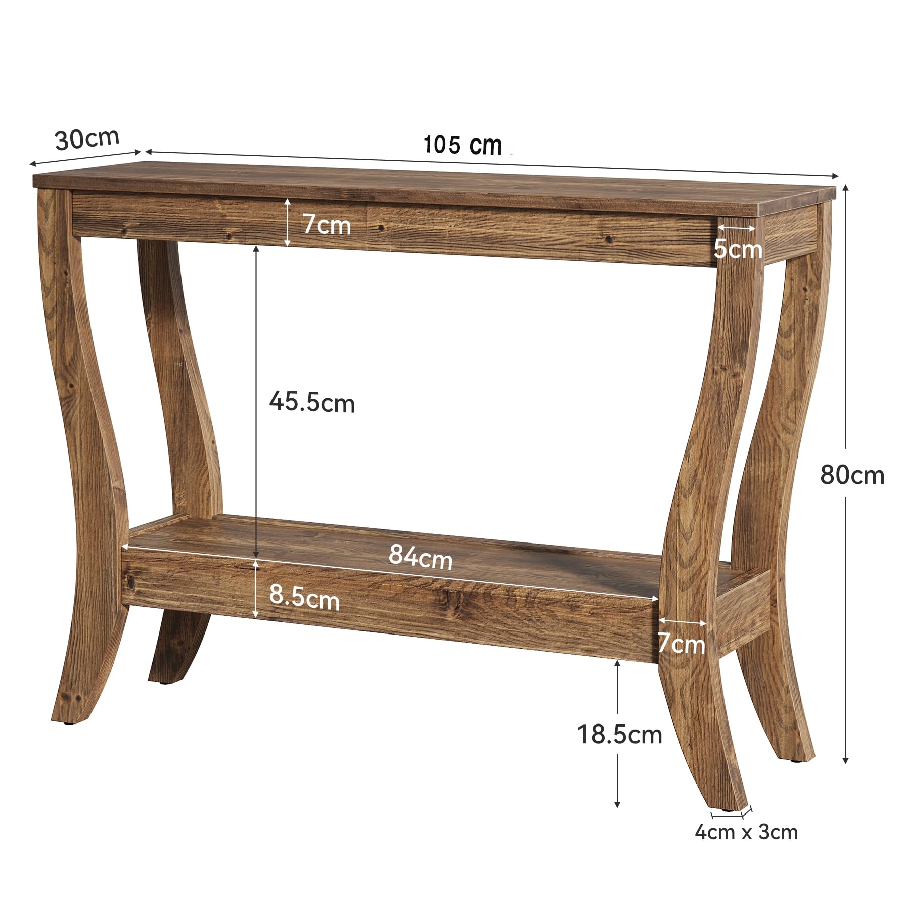 Tavolo consolle in legno massiccio con vano portaoggetti, 105 cm, tavolino da corridoio con ripiano, divano a 2 livelli, in legno, per soggiorno, corridoio, ingresso, marrone