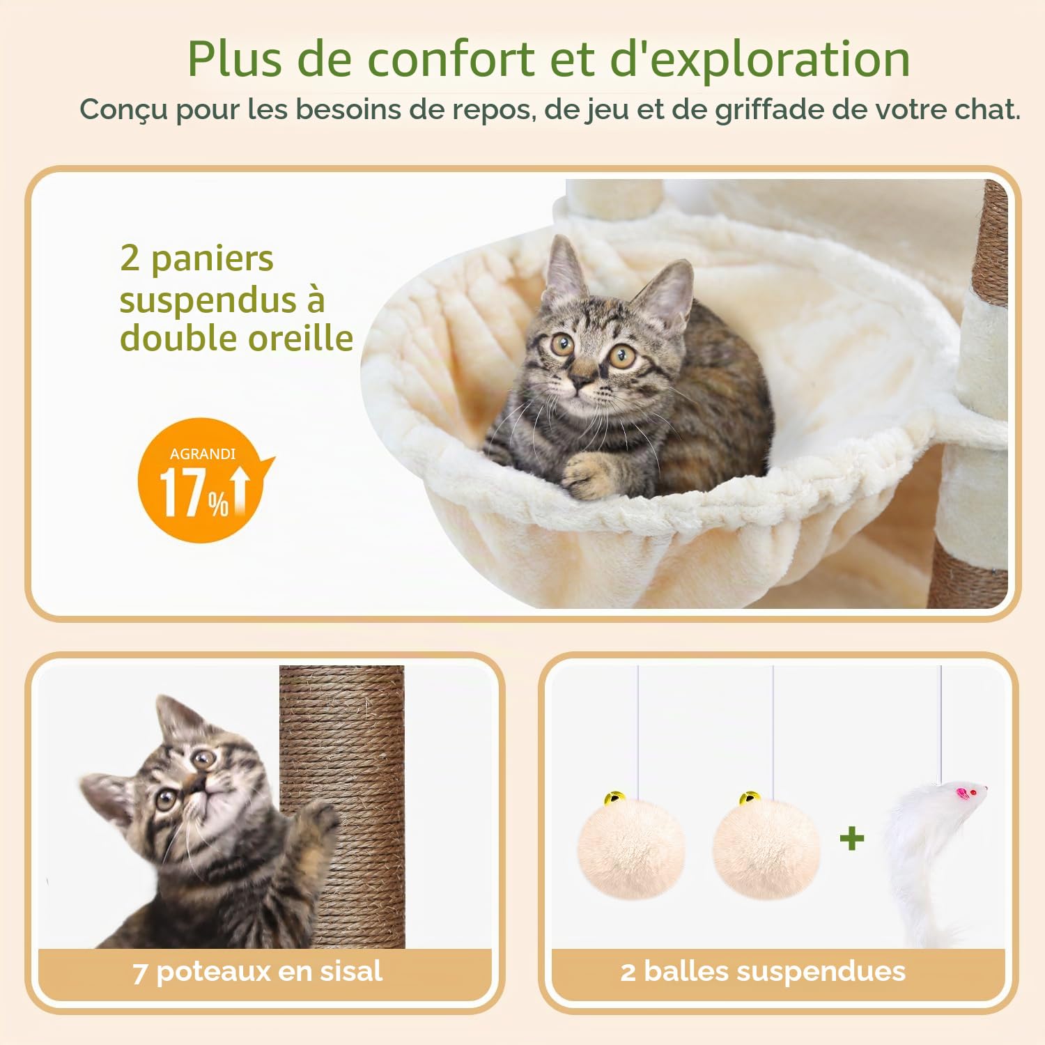 Globlazer Arbre à Chat Beige Grand Haut 188 cm avec 2 Grande Niches, Doux Plate-Forme, 2 Panier, Arbre a Chat Stable Résistant à la Pointe pour Gros Chats Grimpent Reposent Grattent (S74, Beige)