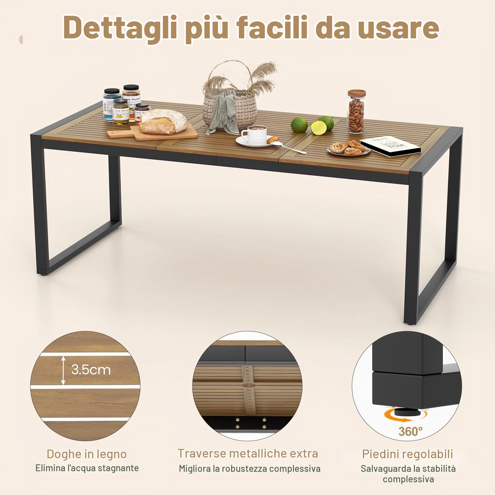 KOMFOTTEU Tavolo da Giardino con Foro per Ombrellone | Tavolo da Pranzo a 8 Posti in Legno di Acacia e Metallo, Tavolo Rettangolare, Piedini Regolabili, per Esterno, 200x90x75 cm