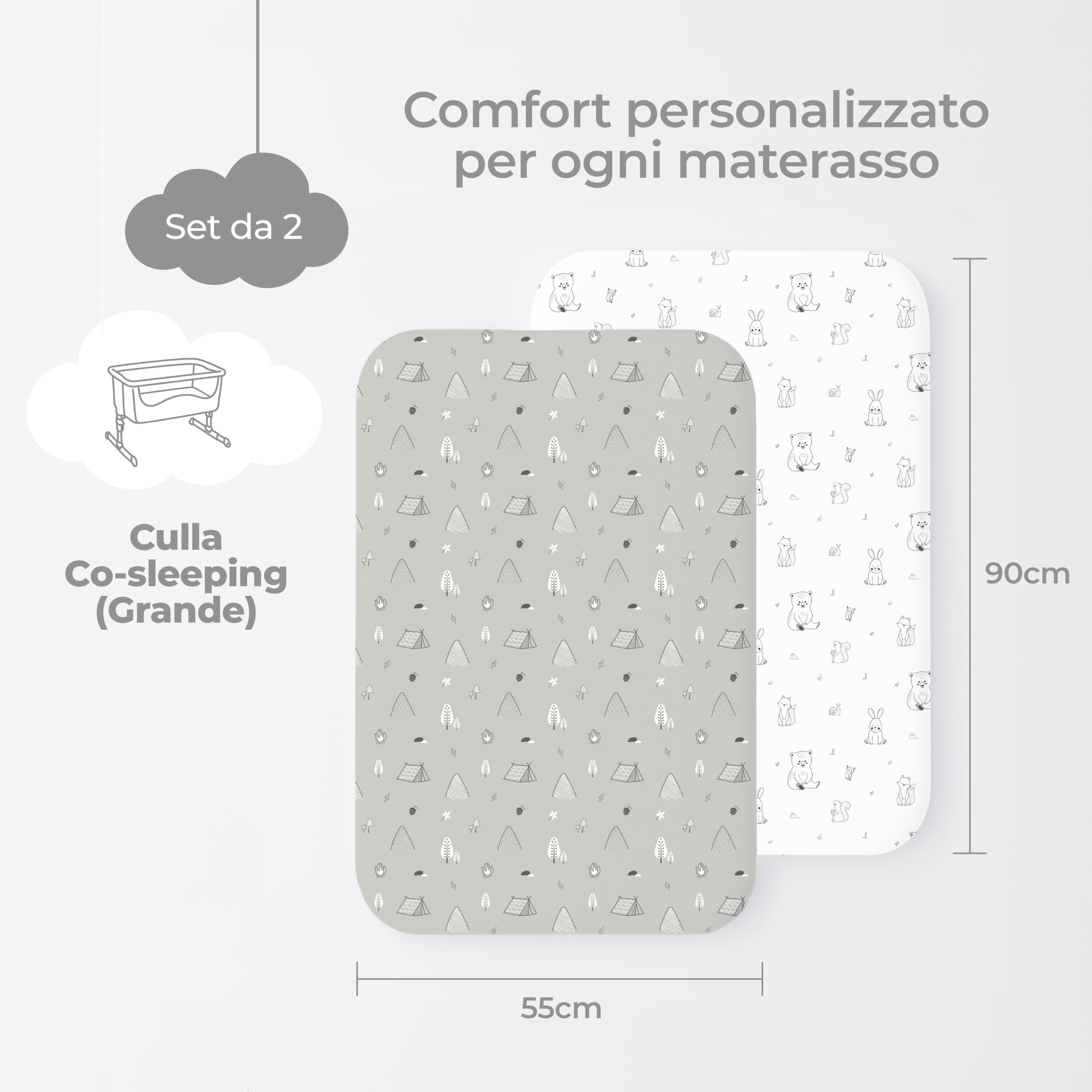 Dreamzie Set 2 Lenzuola Culla 55x90 Cotone - Lenzuolo Con Angoli, Oeko-Tex Certificato - Per Culla Neonato E Lettino Compatto - Bosco Bianco/Grigio