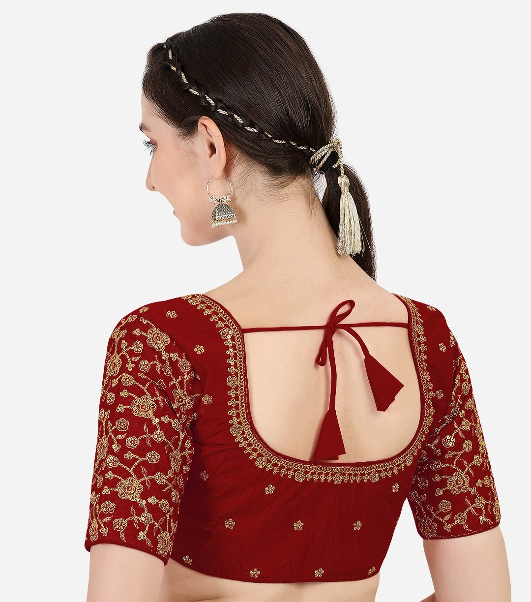 Pujia Mills Women's Phantom Silk Flowerhalf Sleeve Saree Blouse (Flowerr Blouse_Maroon_36 Size+Margin)