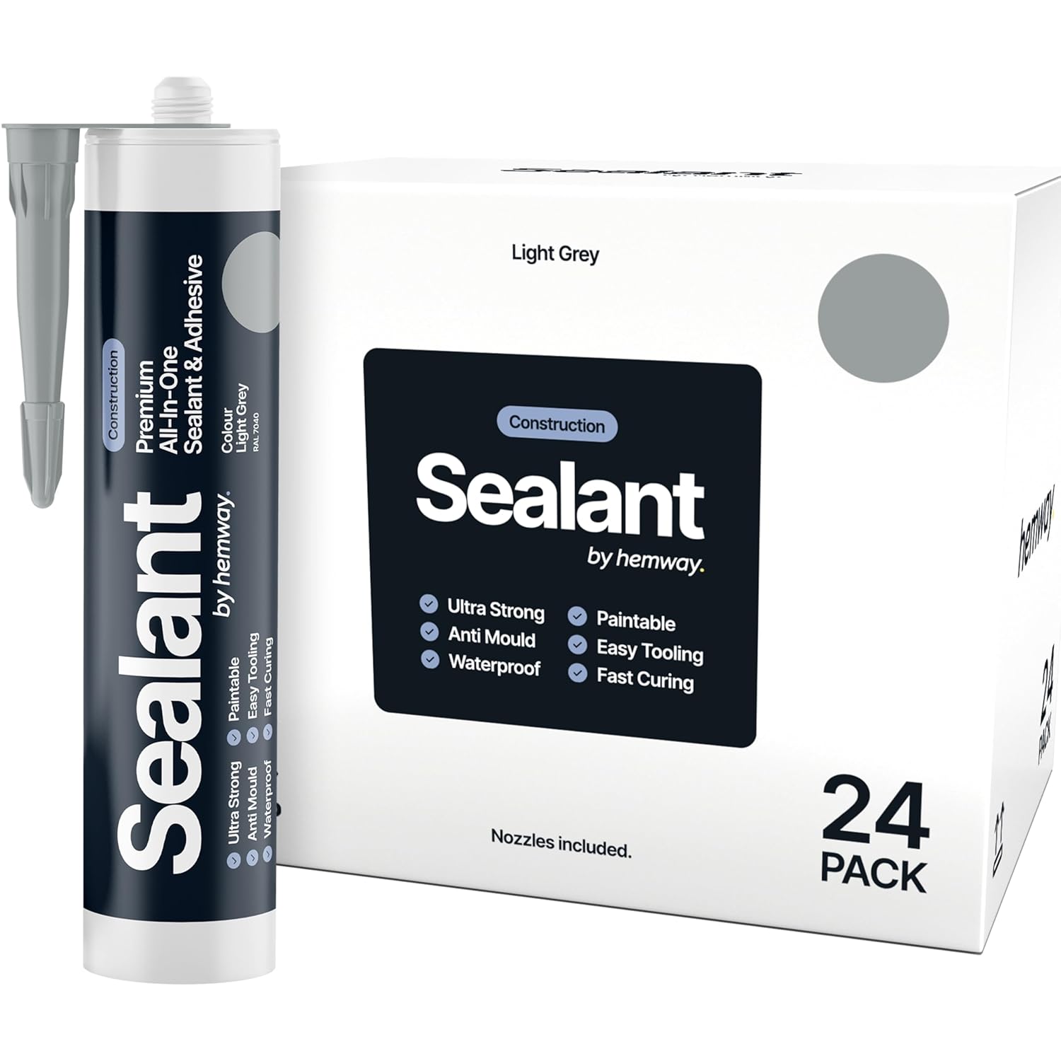 Light Gray Construction Sealant & Adhesive All-in-One Hybrid Polymer | Superior to Silicone Bathroom Caulk Sealant | Waterproof, Odorless, Paintable Caulk | Kitchen Bathroom Outdoor 300 ml 24 Pack