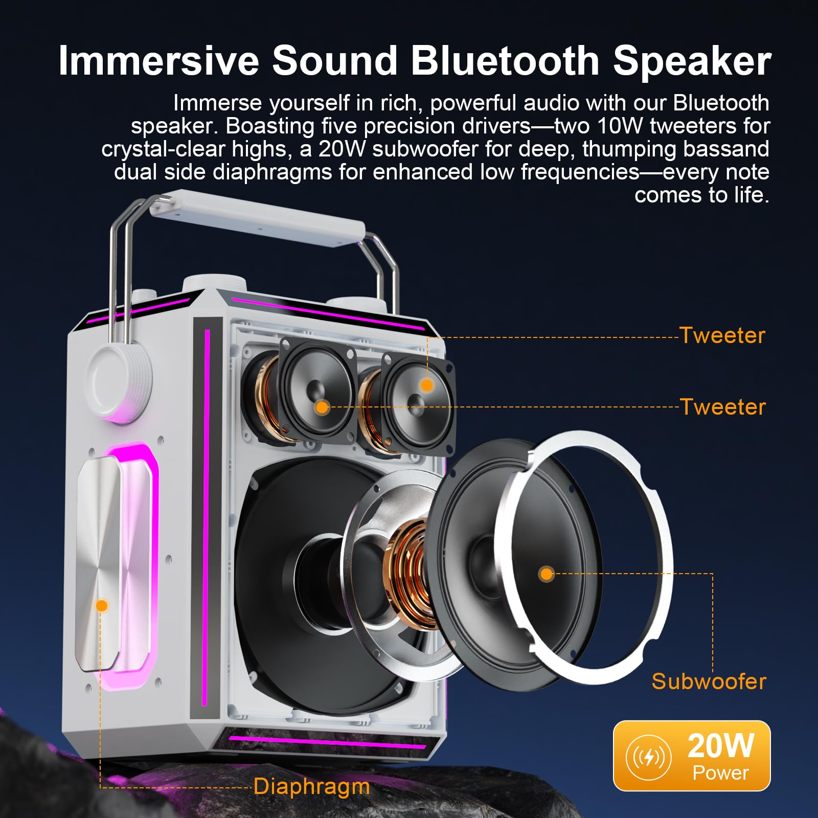 Tragbarer Bluetooth-Karaoke-Lautsprecher mit 2 kabellosen Mikrofonen, RGB-Beleuchtung, Höhen- und Bassregelung, Stimmeffekten, AUX/USB/TF/OTG/6,5-mm-Eingang, Party-Lautsprecher (weiß)