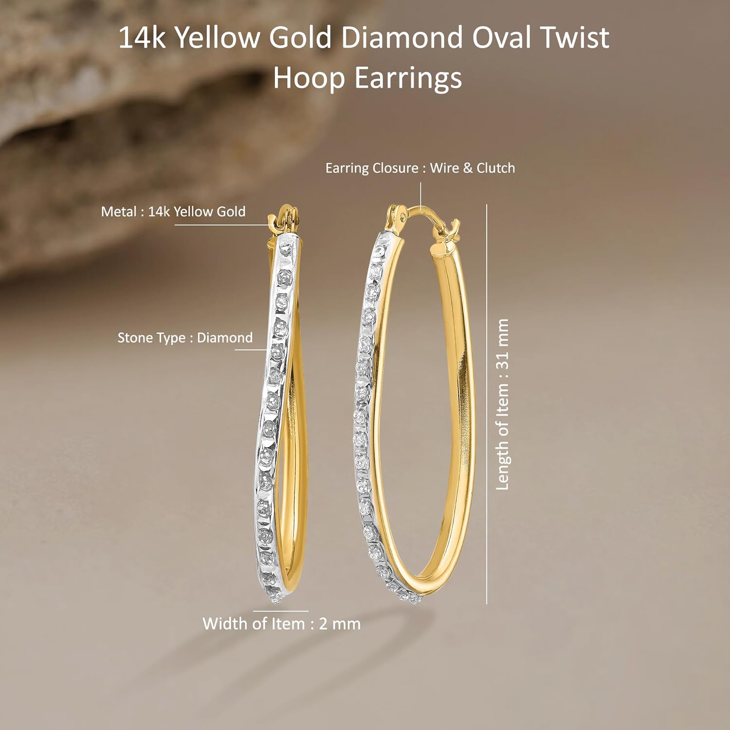 Diamond2Deal 14k Yellow Gold Diamond Oval Twist Hoop Earrings, 0.01Ct (L- 1.22 in, W- 0.08 in)