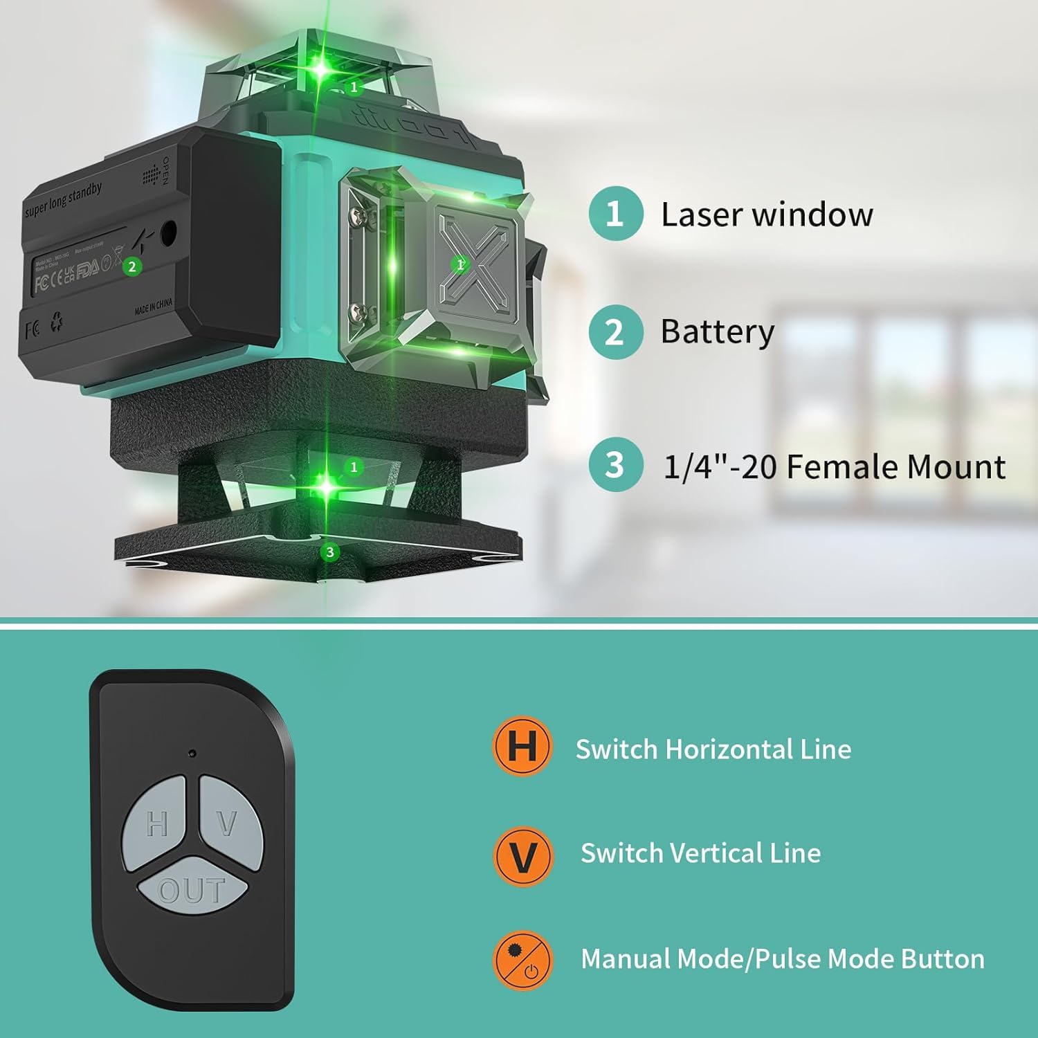 Niveau Laser Chantier Autonivelant 360° x 4, Lazer Niveaux 4D 16 Lignes Laser, Autonivellement et Mode Pulsé Extérieur, 2 x Batterie, Nivellement Automatique, Support Rotatif, Télécommande