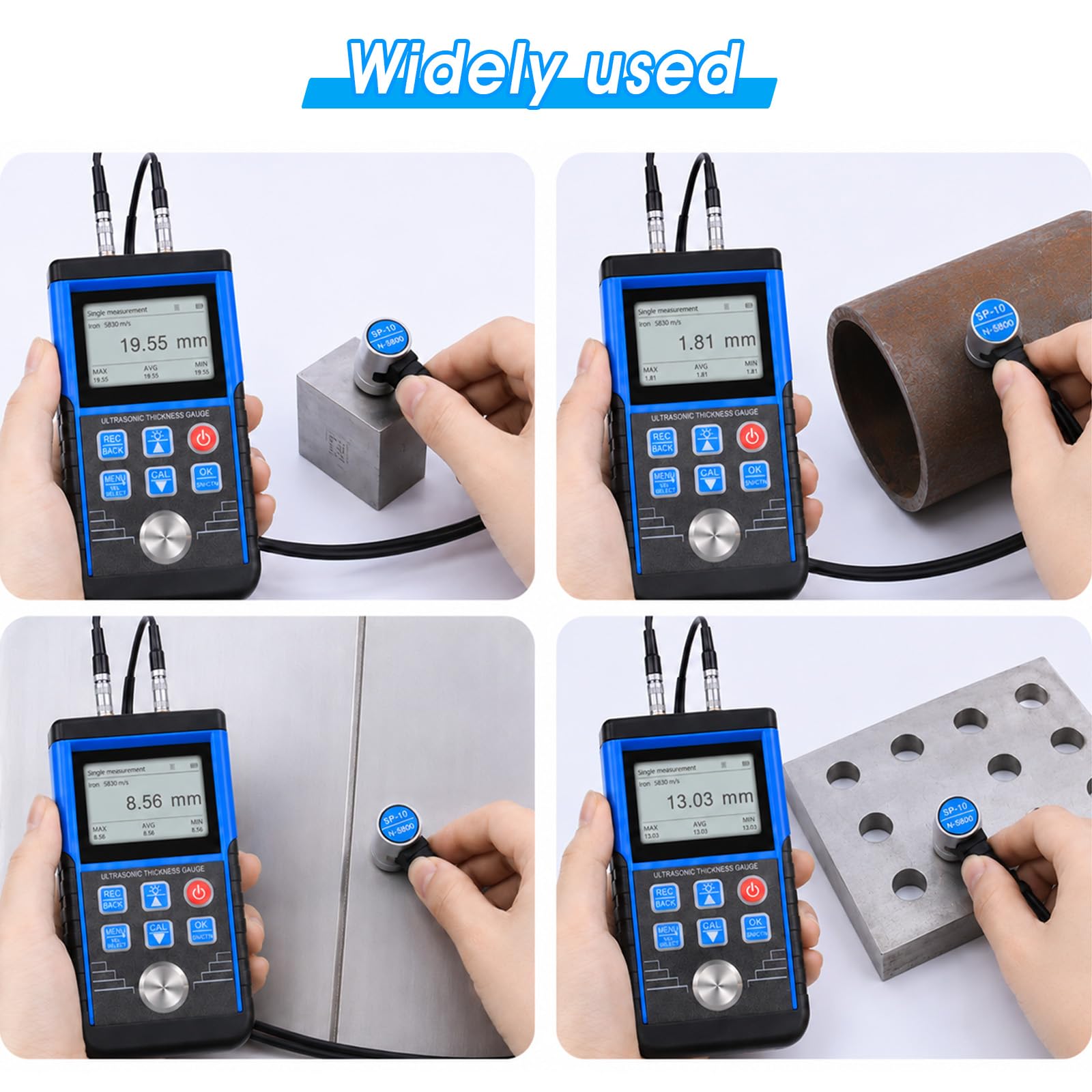 Medidor de espesor ultrasónico de 0,8 a 500 mm, de alta precisión, medidor de espesor de metal de 0,01 mm, dispositivo ZfP, medidor industrial de mano, con autocalibración, memoria de datos, sonda