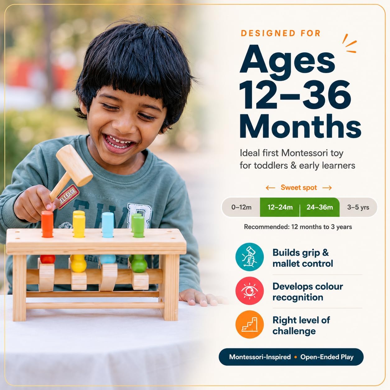 NESTA TOYS Wooden Pounding Bench Toy with Mallet | 8 Colourful Pegs - Flip, Pound & Repeat | Musical Toy - Sound on Every Hit | Builds Hand-Eye Coordination & Cause-Effect Learning | Ages 1-3 Years 4