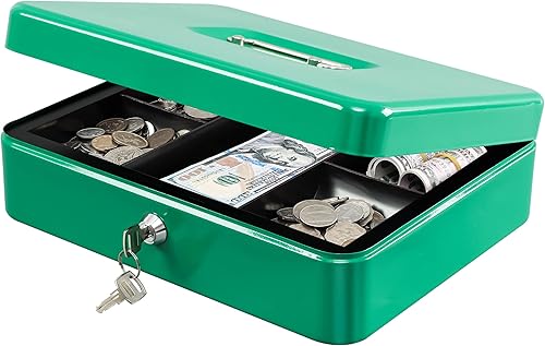 Miniatura 22 de KYODOLED Caja de dinero mediana con bandeja para dinero, pequeña caja de seguridad con llave, cajón de efectivo, 7.87 x 6.30 x 3.54 pulgadas, verde,