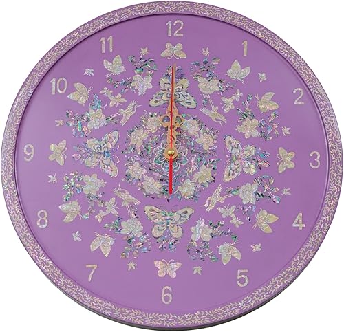 February Mountain Korean Mother of Pearl Inlay Purple Wall Clock - Floral and Butterfly Motif Handmade Decorative Timepiece for Home Decor, Ideal