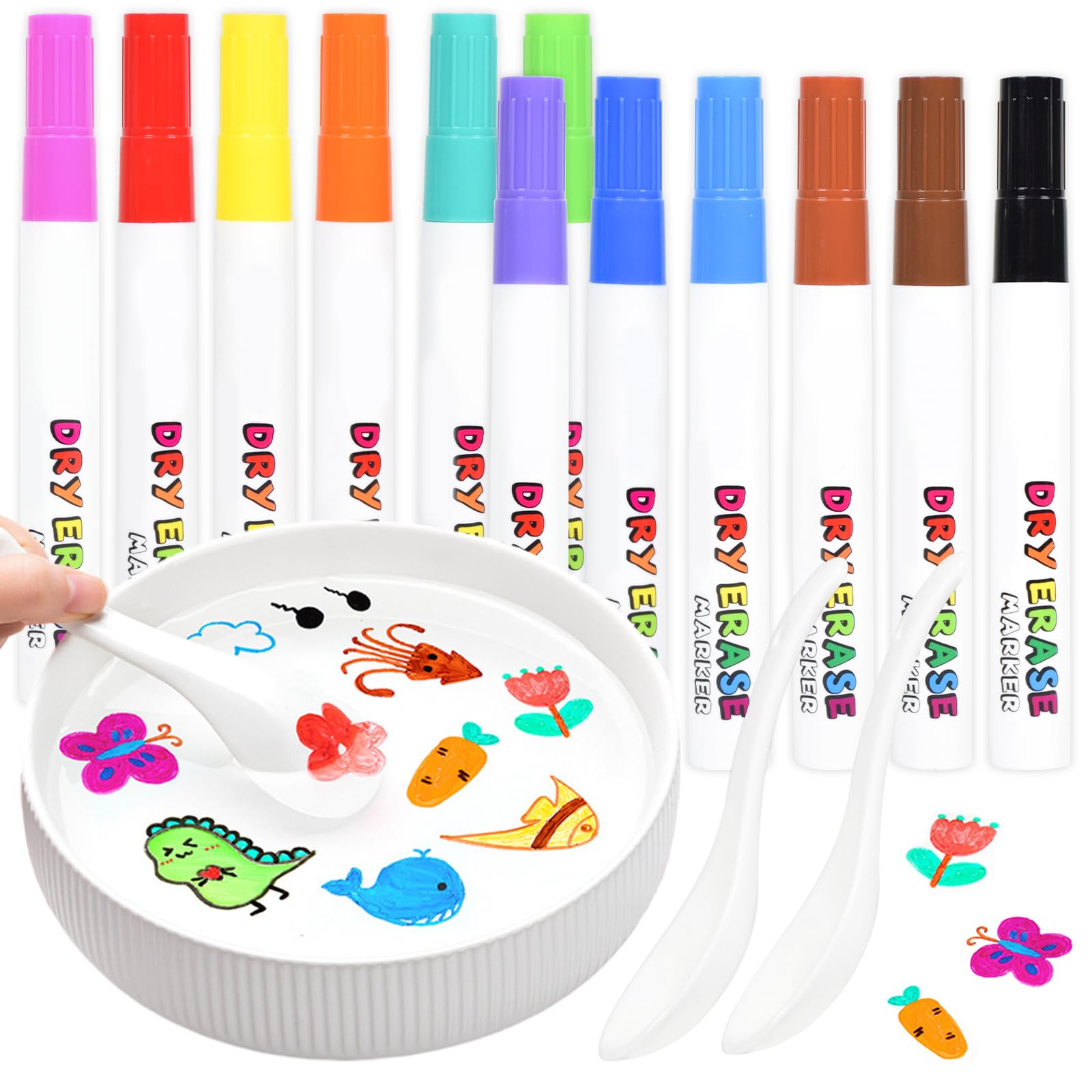 Elezeal Floating Painting Marker Pens, 12 Colors Magical Water Pen Erasable Painting Doodle Pens Whiteboard Markers Set with 2 Spoon and Colourful Box for Girls Boys Gifts