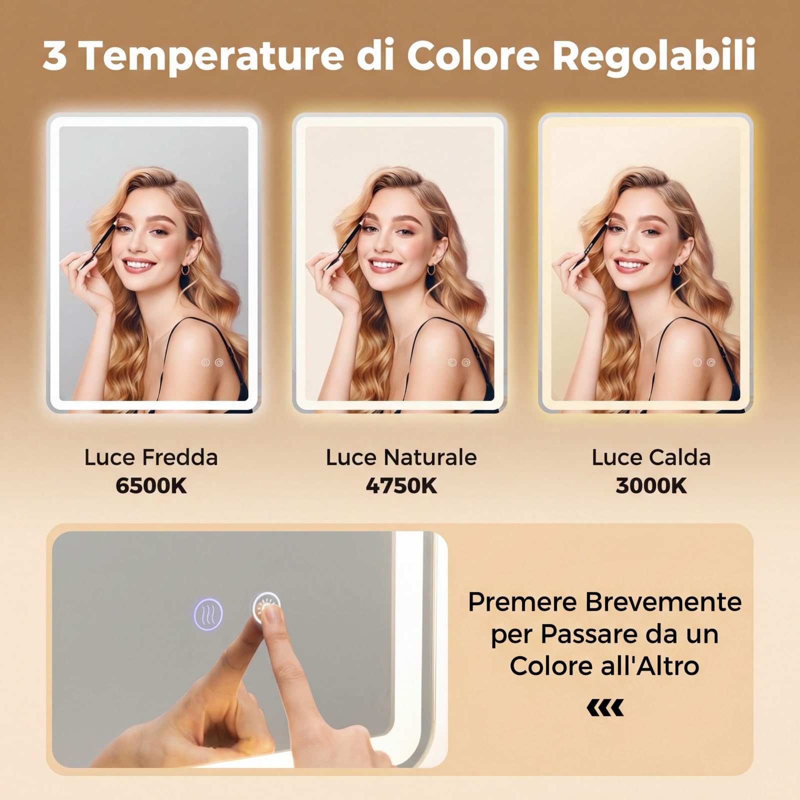 COSTWAY Specchio Bagno Rettangolare con Luce 80 x 60 cm | Speccho da Parete Retroilluminato Dimmerabile con 3 Colori di Illuminazione e Anti-Appannamento, Vetro Temperato Antiesplosio