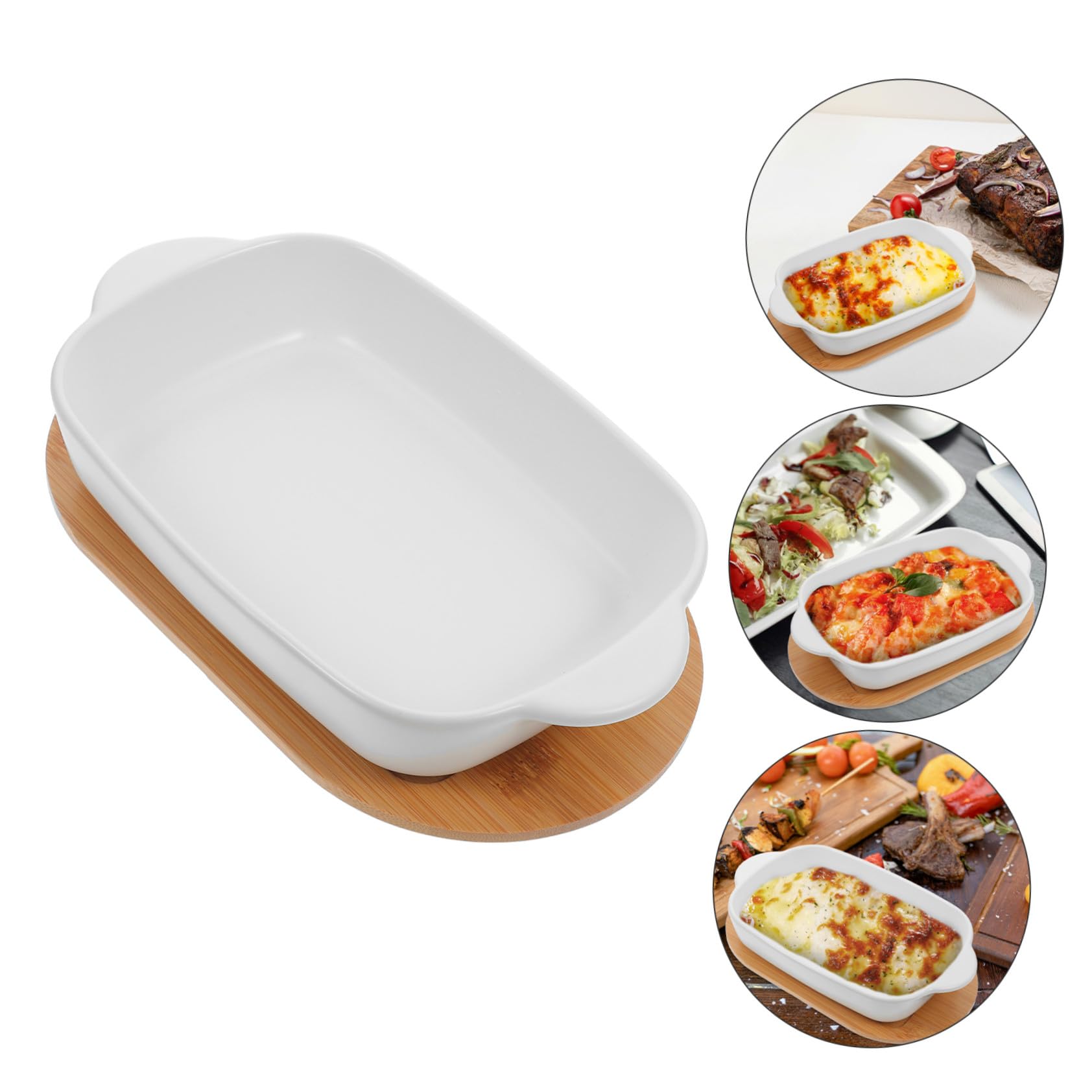Cabilock Plat à Four Céramique à Double Poignée Plat de Cuisson avec Base Bois Saladier Décoratif pour Salade et Fromage