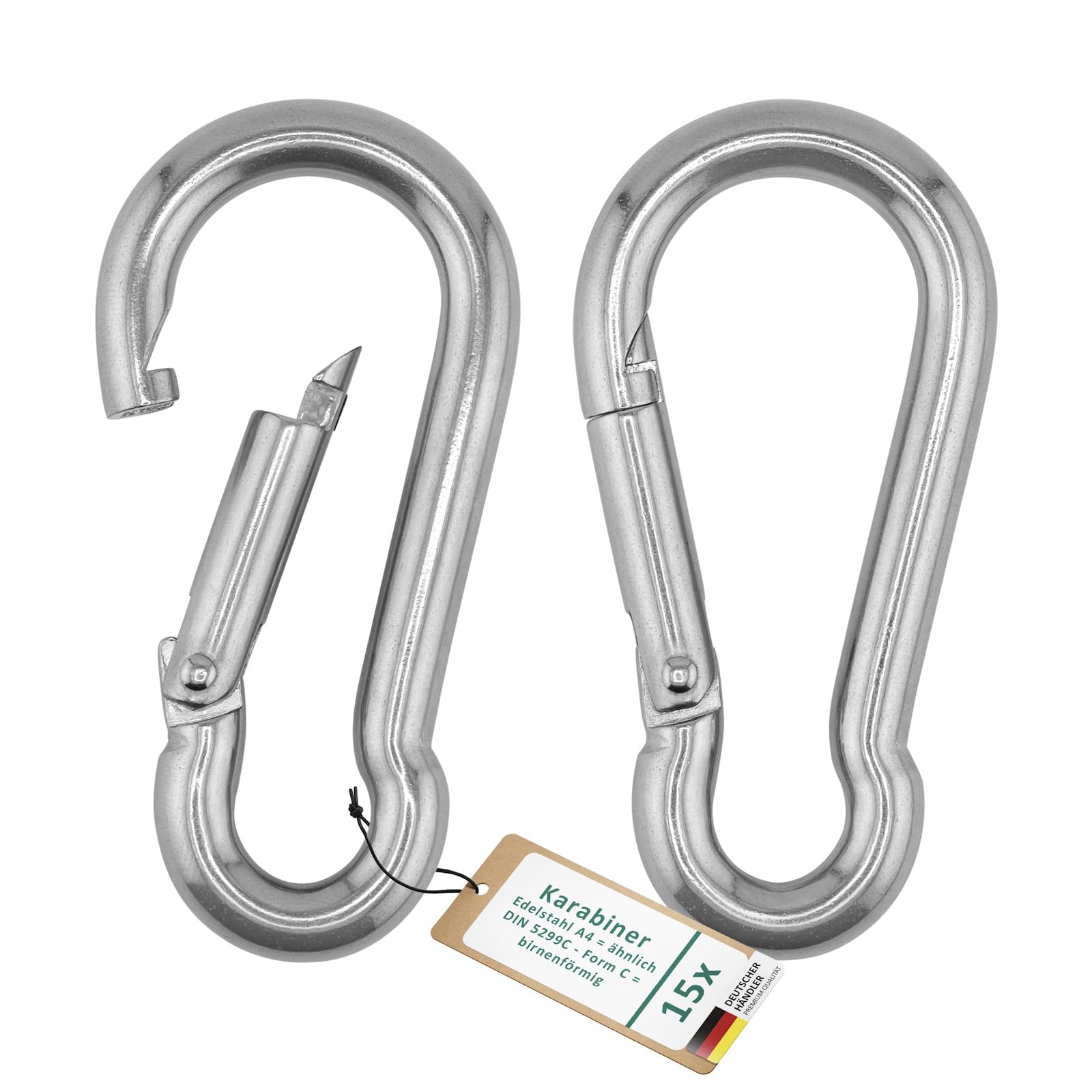 DSM - Moschettone con gancio a molla, antiruggine, 10 x 100 mm, in acciaio inox A4, simile a DIN 5299C, a forma di pera, portata fino a 870 kg, per campeggio, portachiavi, escursionismo, outdoor, 15