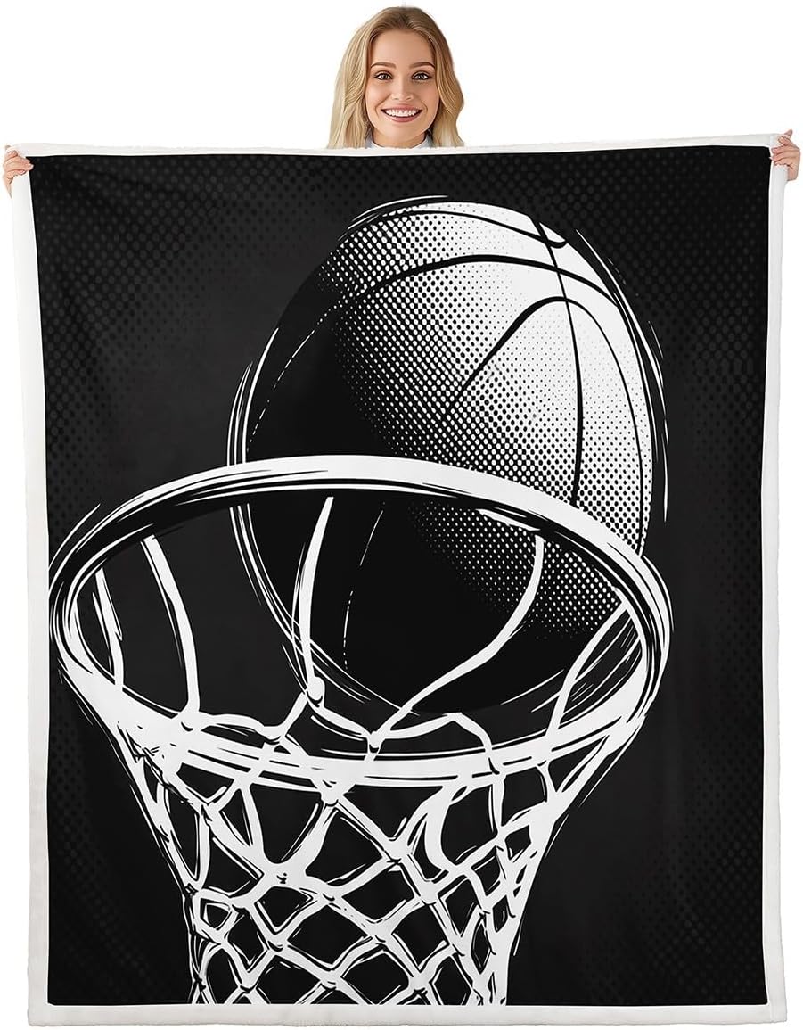 Basketball Fleece Blanket Sports Theme Throw Blanket Basketball Pattern Sherpa Blanket for Couch Bed Sofa Microfiber Black White Abstract Art Fuzzy Blanket Room Decor Plush Blanket Throw 50"x60"