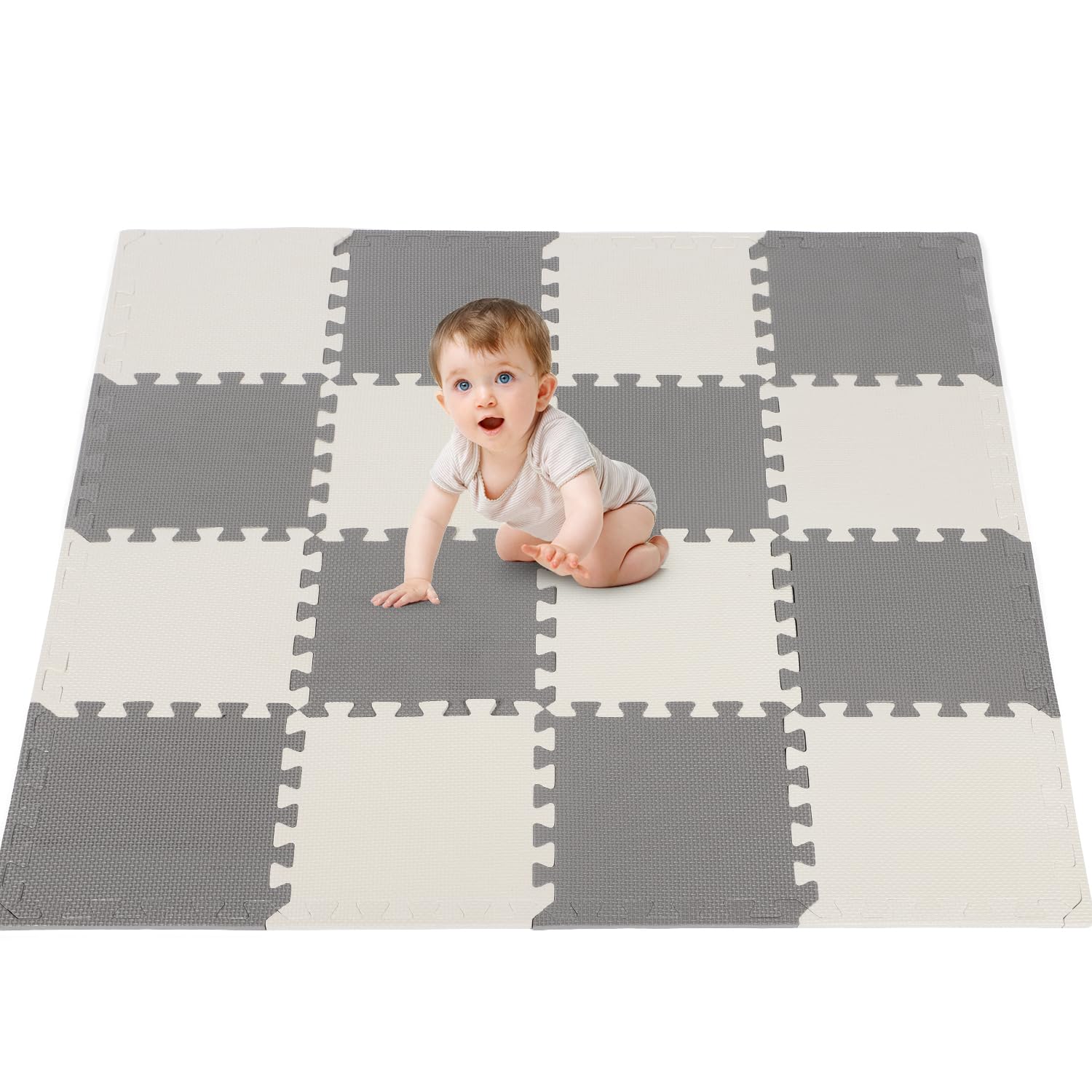 Hello-5ive Foam Play Mat for Baby Kids, Soft EVA Interlocking Puzzle Play Mat Tiles, Thick Playmats & Floor Gyms Indoor Outdoor Activity Center (Grey-Cream 16PCS)