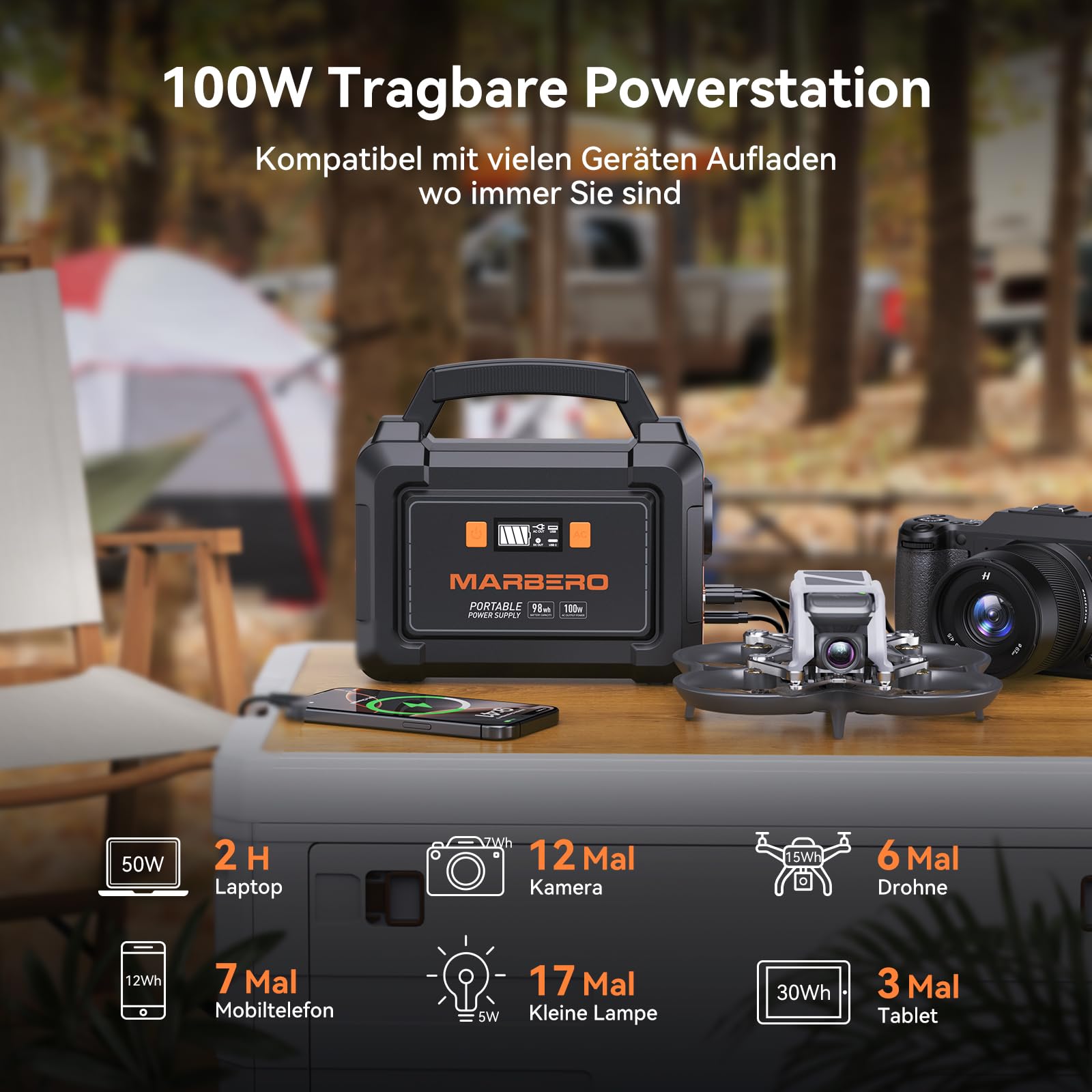 MARBERO Portable Power Station 98Wh mit 30W faltbarem Solar Panel 150W Solargenerator Outdoor Batterie mit DC Ausgängen für Wohnmobil Road Trip Abenteuer Camping Zuhause Stromausfall Notfall