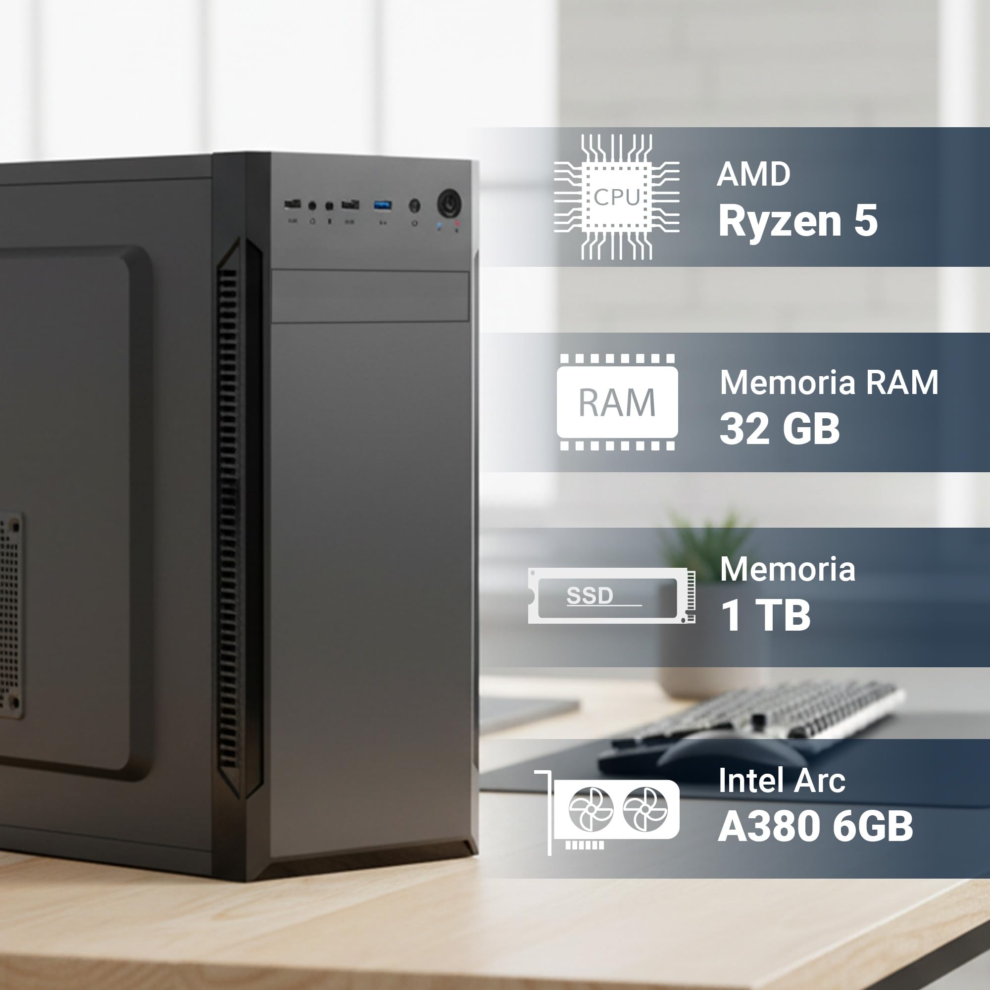 PC Fisso Completo – Computer Desktop AMD Ryzen 5 4500 • RAM 32GB DDR4 • SSD 1TB NVMe M.2 • Scheda Video Arc A380 6 GB • Wi-Fi AC • Masterizzatore DVD • HDMI • USB 3.0 • Windows 11 Pro