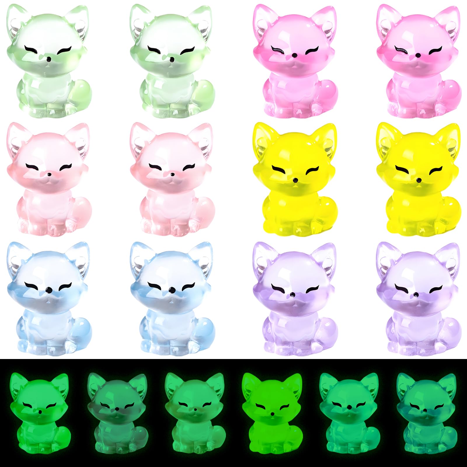 Virelle 12Pcs Mini Fox Figurines Tiny Resin Luminous Animals Mini Resin Figures Little Plastic Animals Miniature Animal for Garden Landscape Home Car Dash Decor Party Cake Headbands DIY (Fox-12PCS)