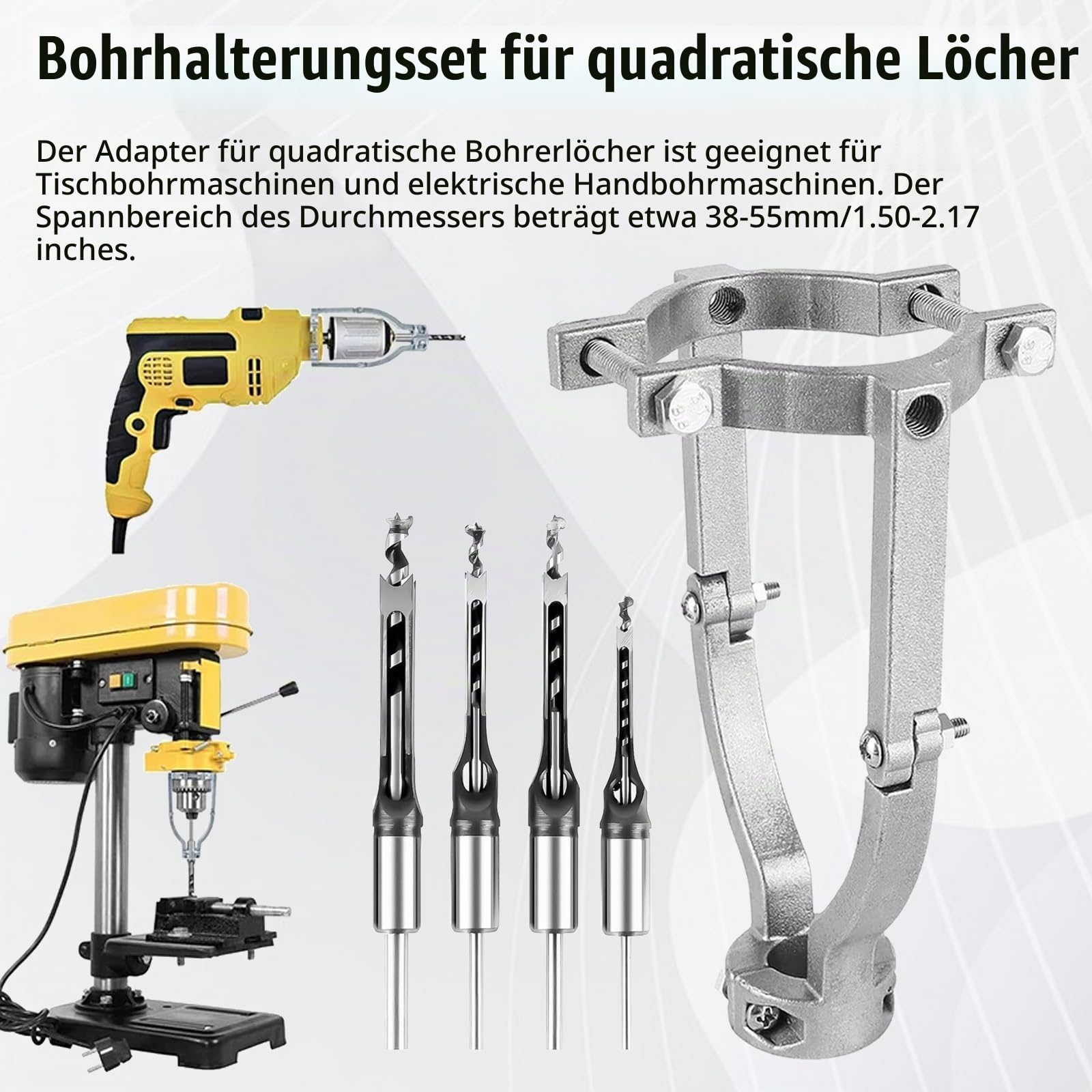 Vierkantbohrer, Ständer für Bohrmaschine mit 4 Vierkantlochbohrer 6,4/8/9,5/12,7 mm Vierkantbohrer Festhalter für Tischbohrmaschine und Handbohrmaschine Square Hole Drill Bit Sets 38-55mm