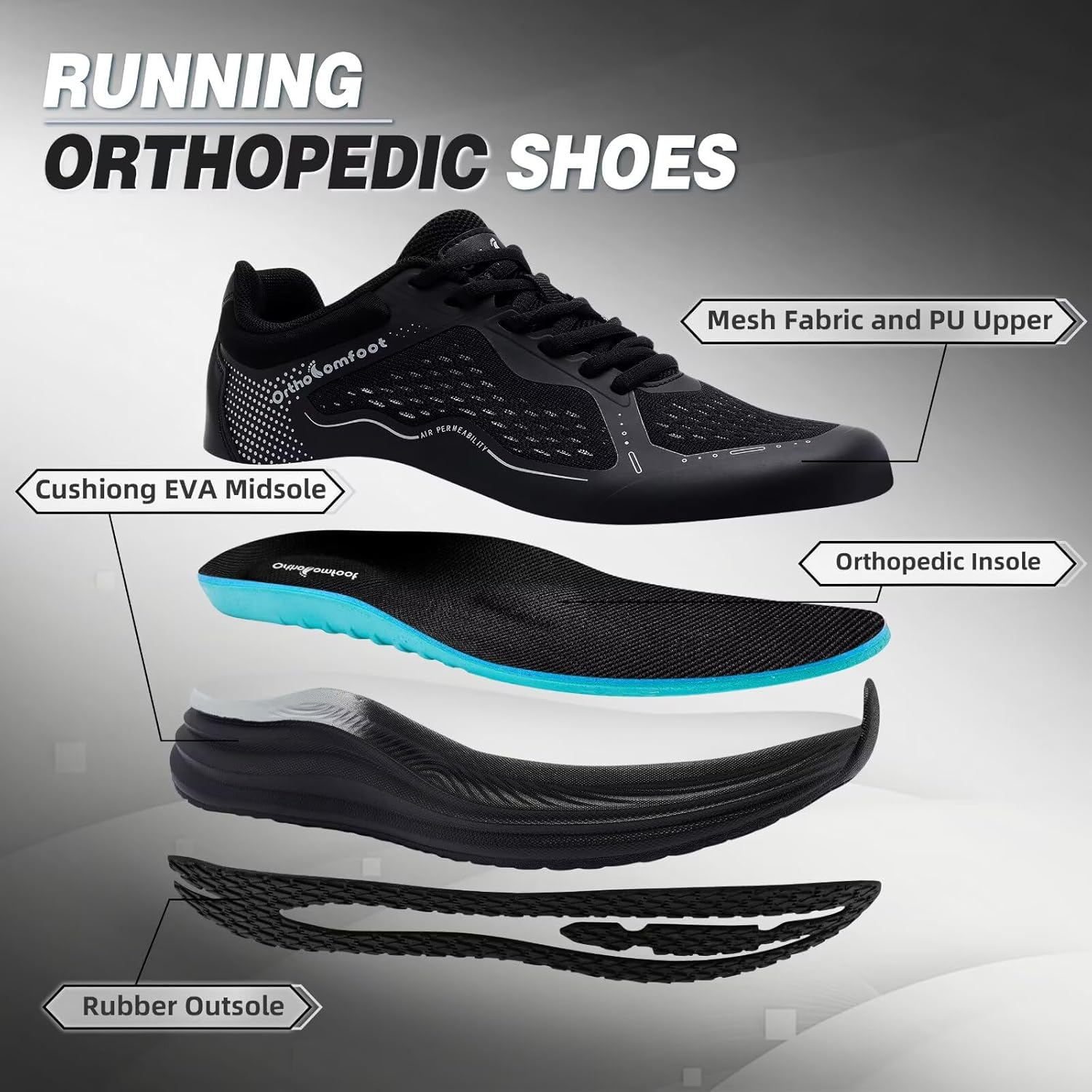 Men's Orthopedic Road Running Shoes: Comfortable Casual Arch Supports Plantar Fasciitis Orthotic Sports Tennis Sneakers, Casual Lightweight Athletic Walking Shoes for Foot Heel and Pain Relief