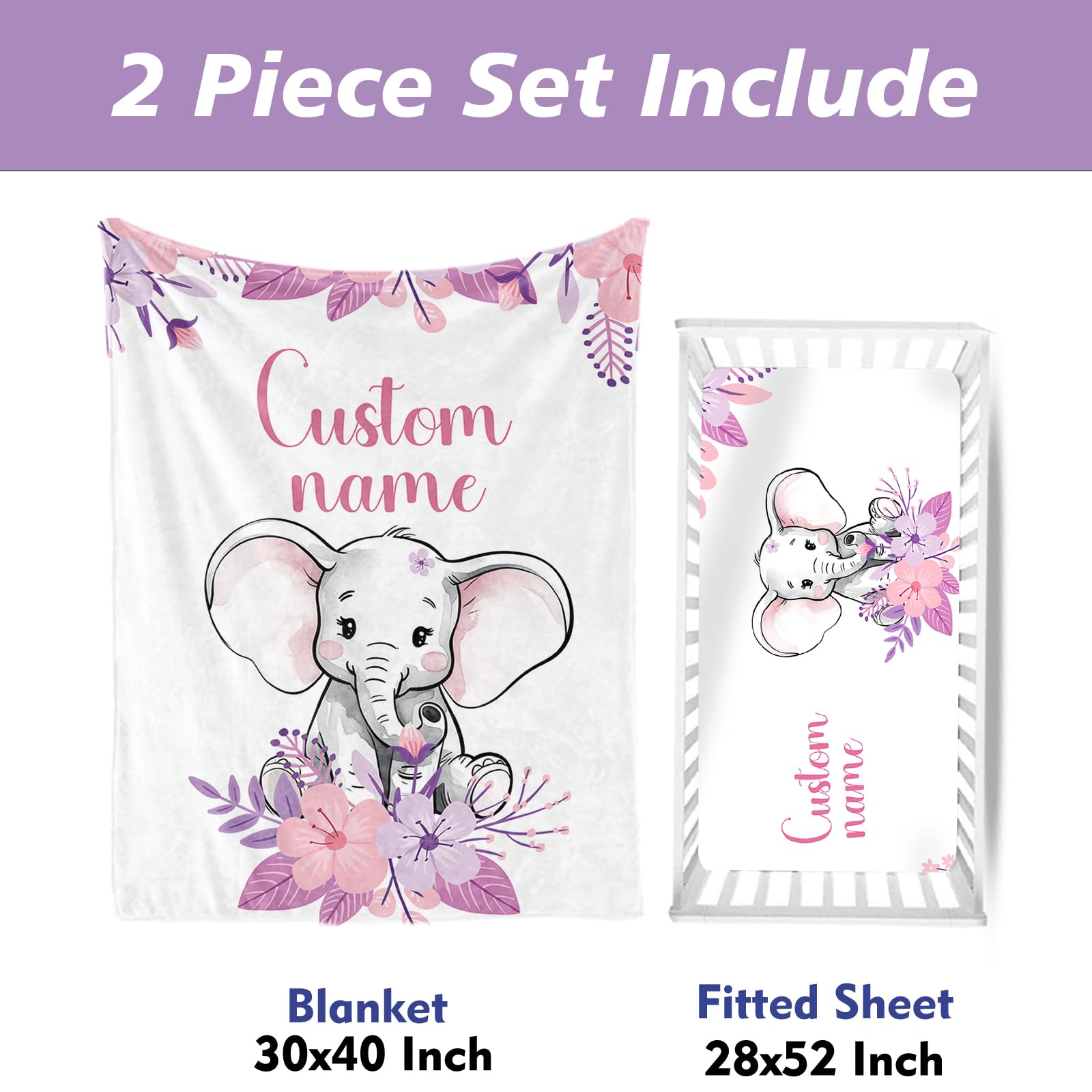 Personalized Name Baby Crib Bedding Set, Custom Elephant with Flowers 2 Piece Set for Girls, Soft Blanket with Dotted Backing and Fitted Sheet, Perfect for Baby Newborn Shower Gift