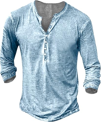 Mens Distressed Henley Shirts Retro Long Sleeve Tee Shirts Casual Button Down Washed T-Shirts for Men