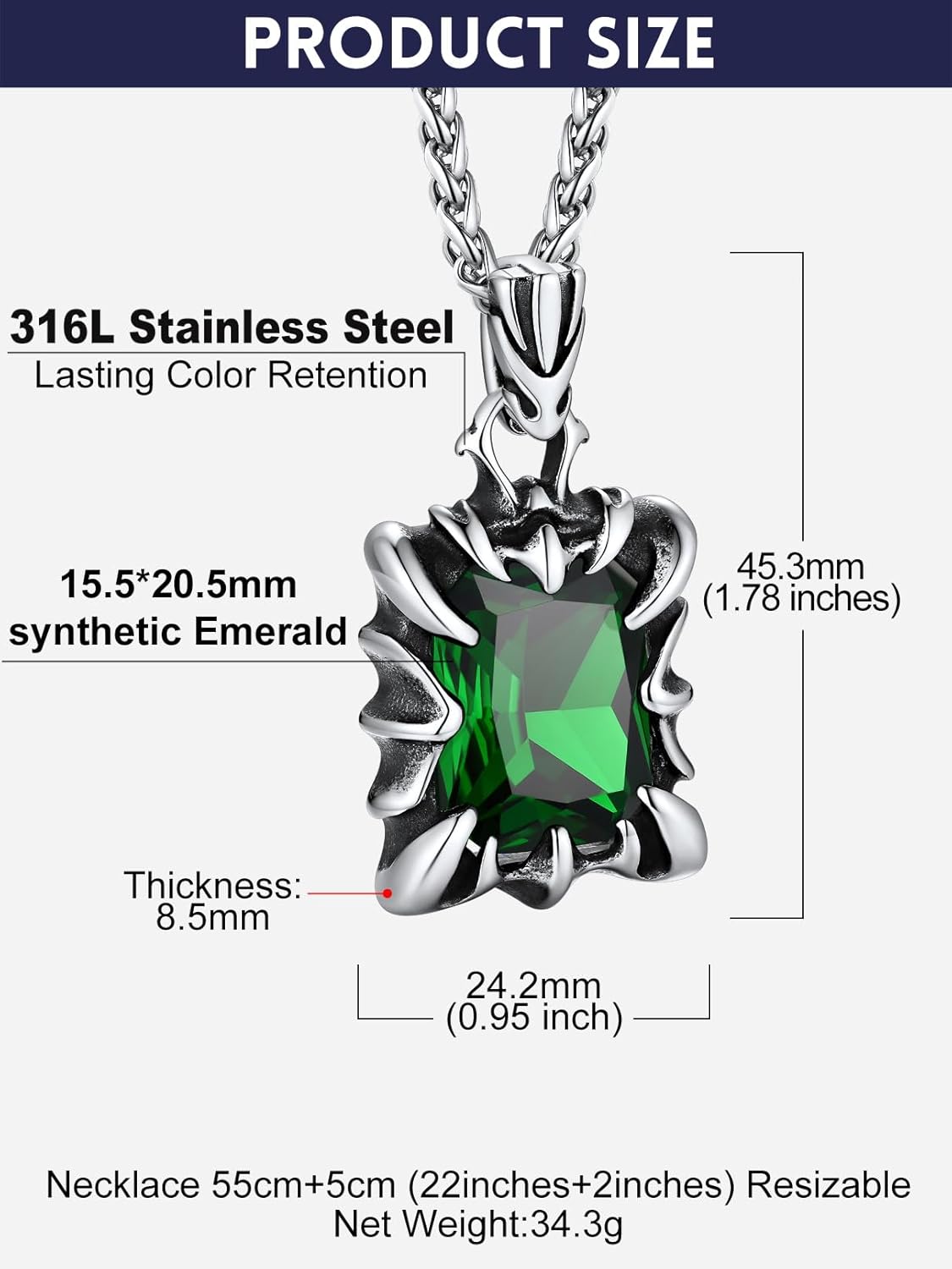 Bandmax Gothic Stone Pendant Necklaces for Men Women Stainless Steel Dragon Claw Ruby/Blue Topaz/Emerald/Black Onyx Gemstone Pendant Goth Punk Designer Necklace Halloween Jewelry - Image 7