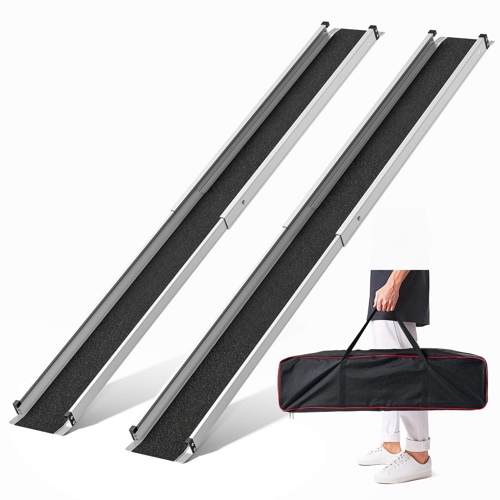 FACHNUO Rampa a Telescopio per Carrozzine 184 cm con borsa da riporre - Rampa per scooter in alluminio (carico 272 kg), design pieghevole leggero per marciapiedi/veicoli/soglie, Confezione da 2