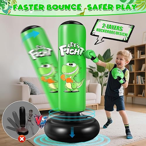 Miniatura 4 de Saco de boxeo inflable, saco de boxeo de 48 pulgadas para niños con guantes de boxeo, juego de boxeo estable para karate, taekwondo, juguete de